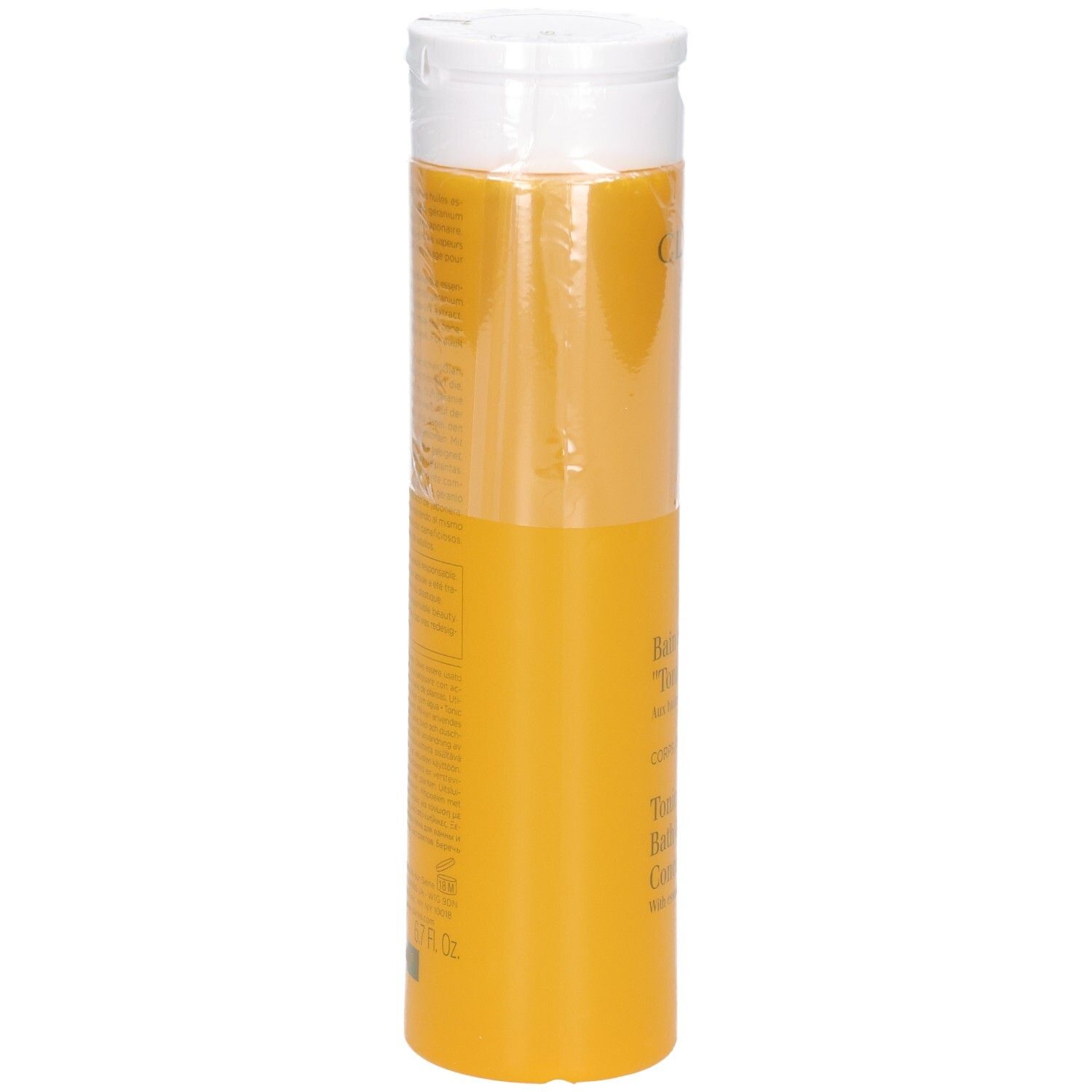 Arrière d'une bouteille jaune de Concentré Bain & Douche Tonic Clarins avec informations textuelles.