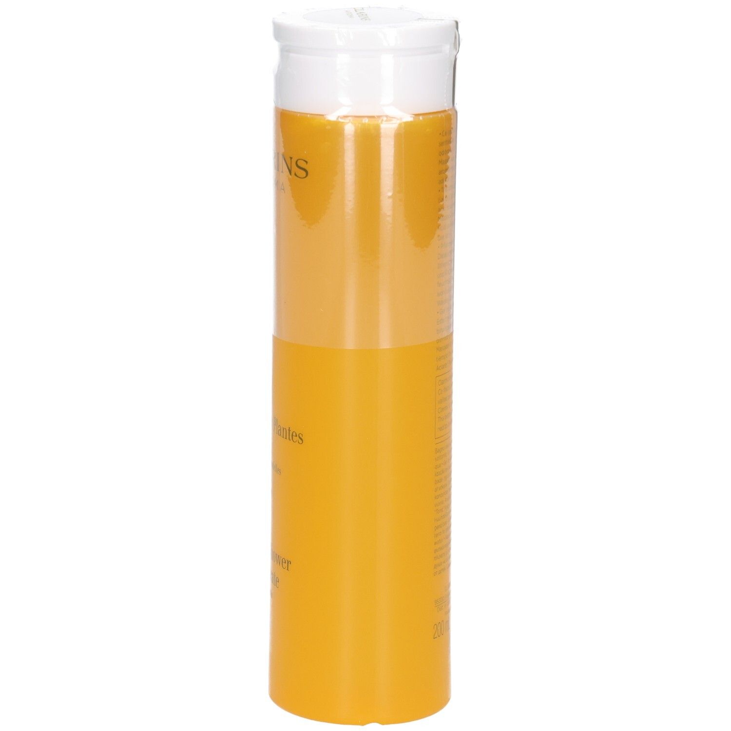 Vue latérale d'une bouteille jaune de Concentré Bain & Douche Tonic Clarins avec un bouchon rabattable blanc.