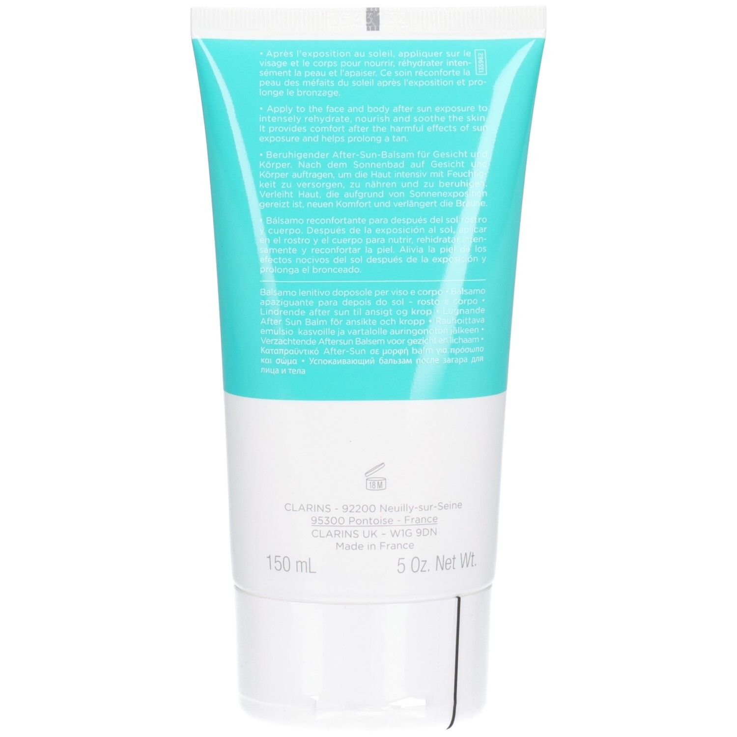 Arrière du tube de Baume Après-Soleil Clarins avec instructions et ingrédients. 150 ml.
