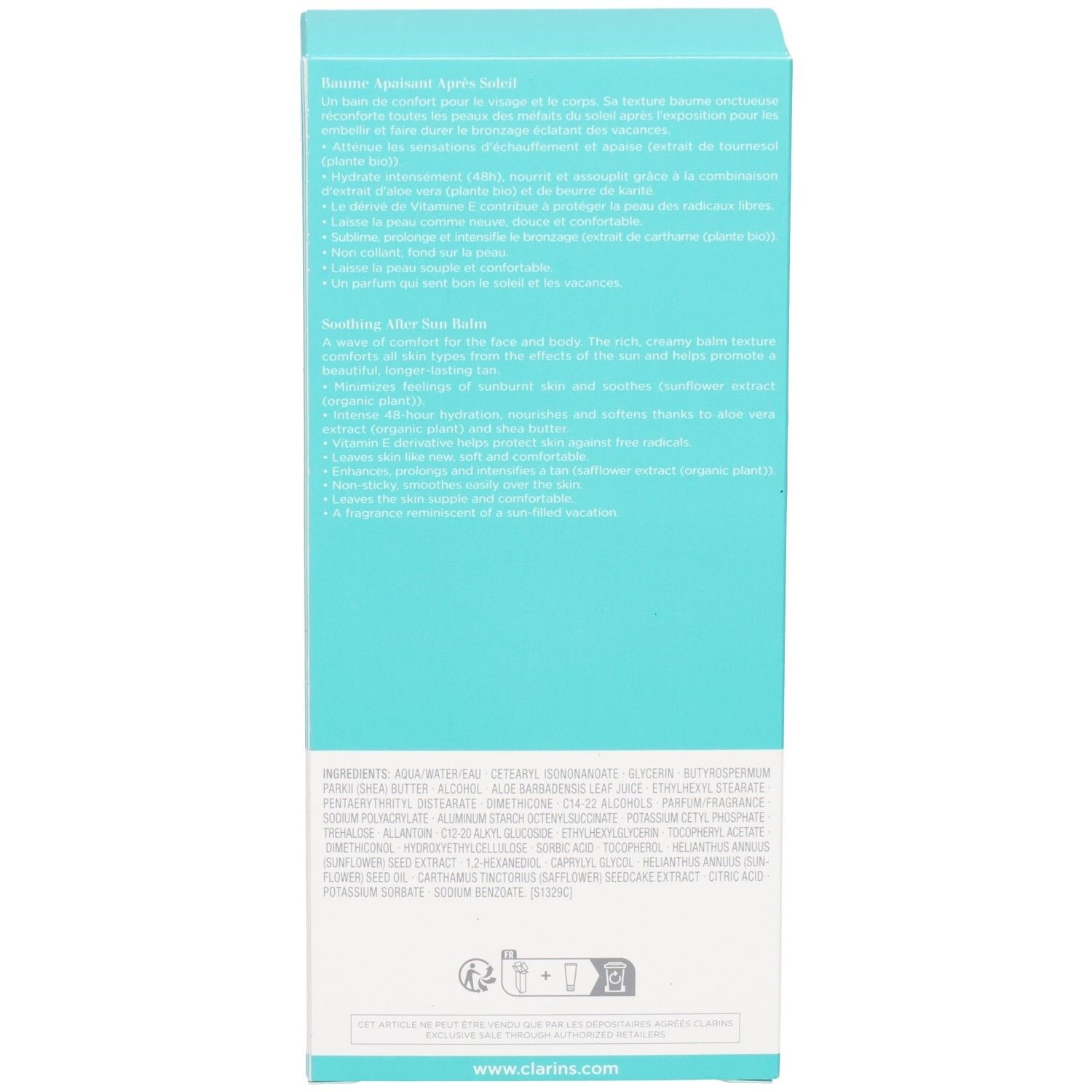 Arrière de la boîte de Baume Après-Soleil Clarins avec ingrédients et site web.