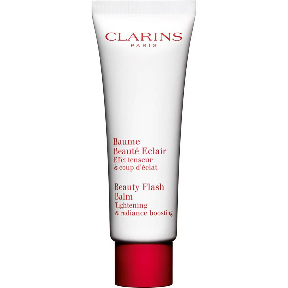 Clarins Beauty Flash Balm tube met rode dop. Bevat tekst in het Duits, Engels en Frans.