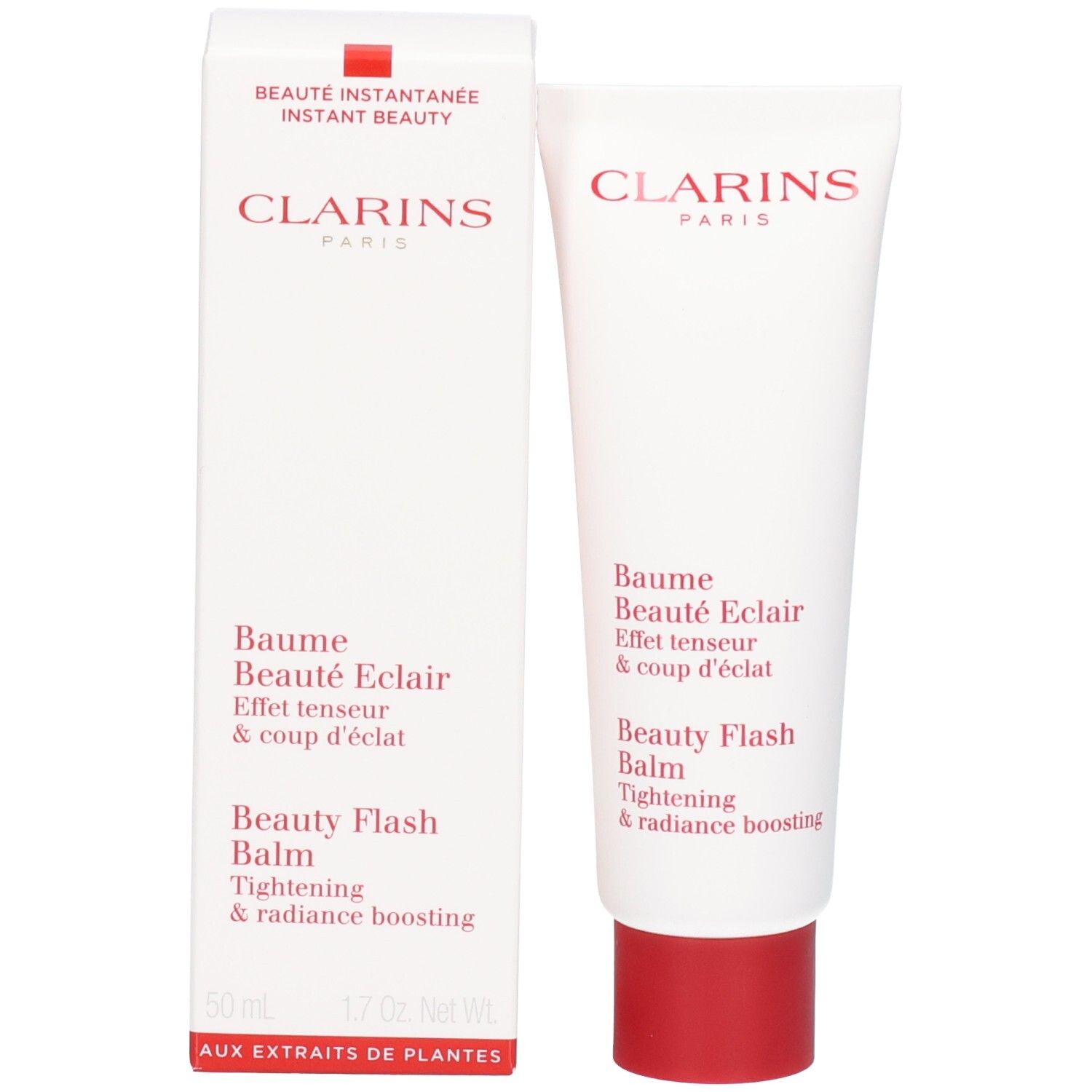 Tube et emballage du Baume Beauté Éclair Clarins. Contient du texte en allemand, anglais et français.
