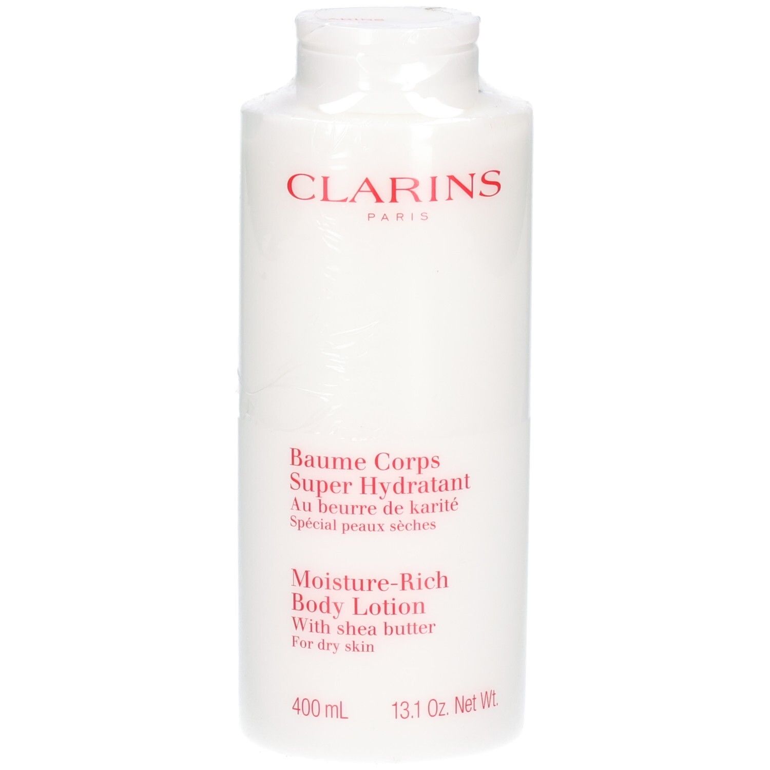 Clarins Body Balm: Witte fles met rood logo en tekst. Bevat sheaboter voor de droge huid.