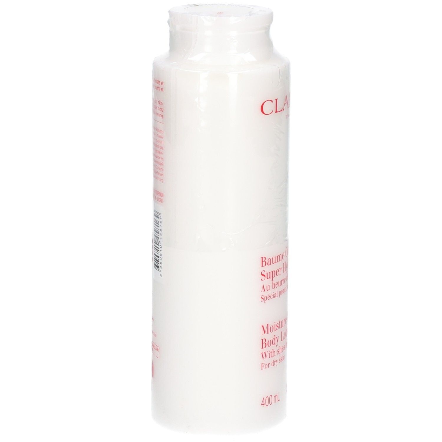 Clarins Body Balm: Zijaanzicht van de witte fles met rood logo en tekst. Bevat sheaboter.