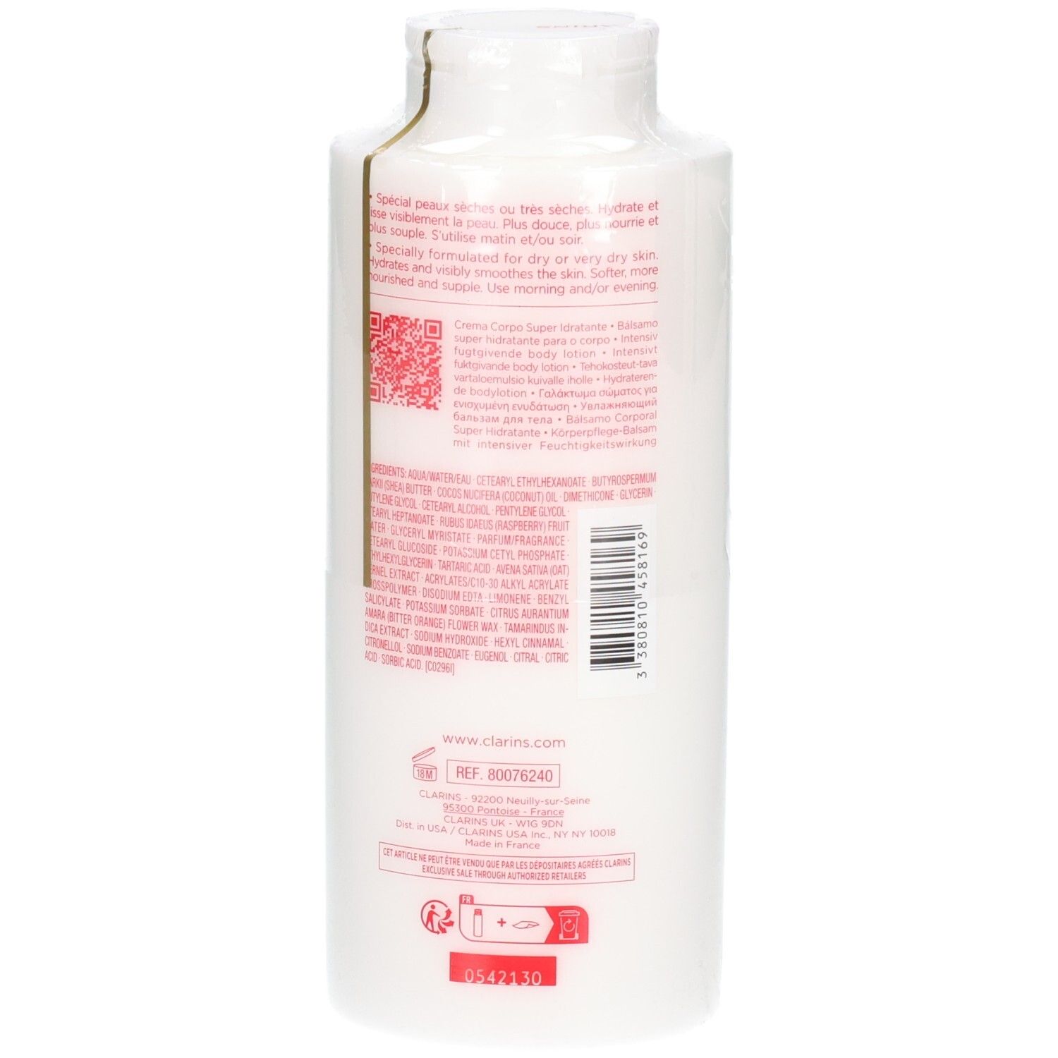 Clarins Body Balm: Achterkant van de witte fles met gedetailleerde productinformatie en barcode.