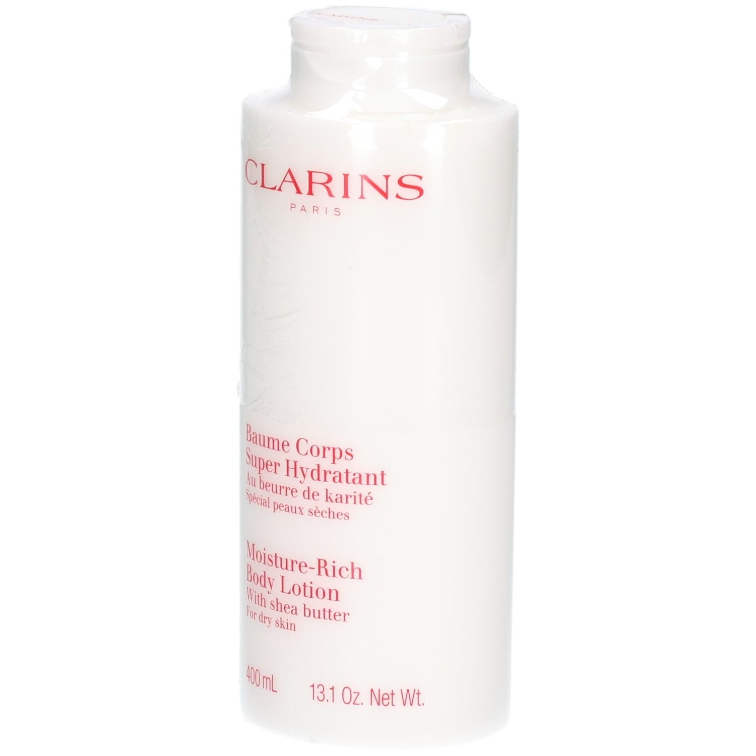 Clarins Body Balm: Witte fles met rood logo en tekst. Bevat sheaboter voor de droge huid.
