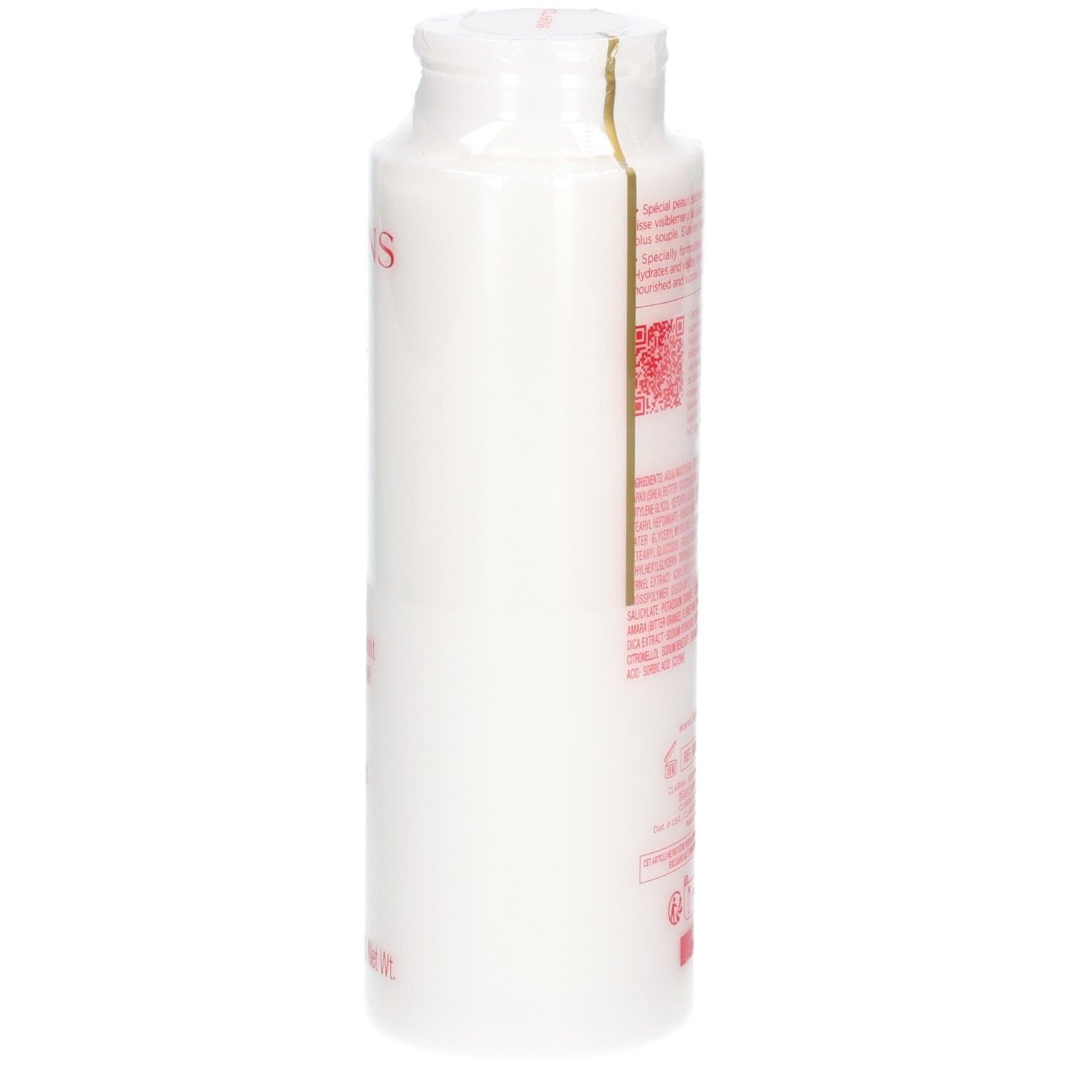 Clarins Body Balm: Zijaanzicht van de witte fles met rood logo en tekst. Bevat sheaboter.