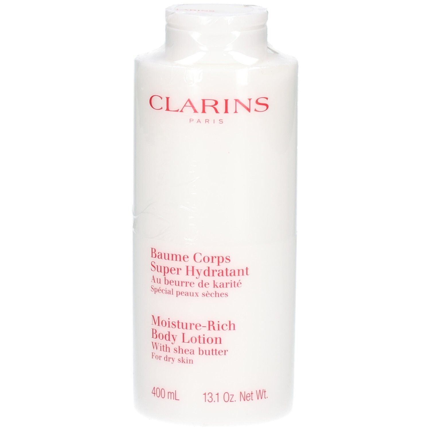 Clarins Body Balm: Witte fles met rood logo en tekst. Bevat sheaboter voor de droge huid.