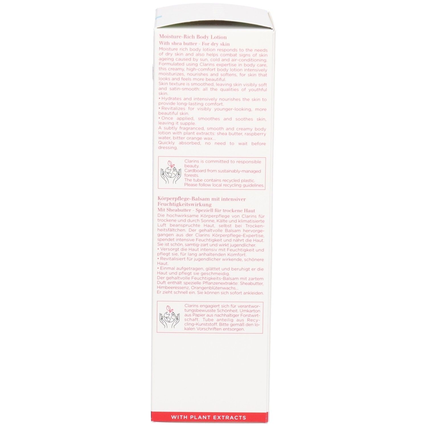 Côté de l'emballage de la lotion corporelle Clarins avec descriptions produit en anglais et allemand.