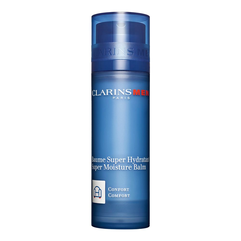 Clarins Men Super Moisture Balm in blauwe dispenser.