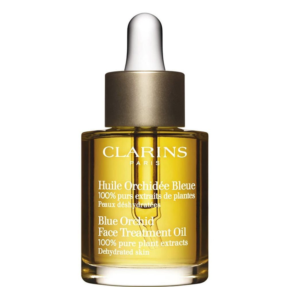 Clarins Blue Orchid Face Treatment Oil, glazen fles met druppelaar, gouden dop.