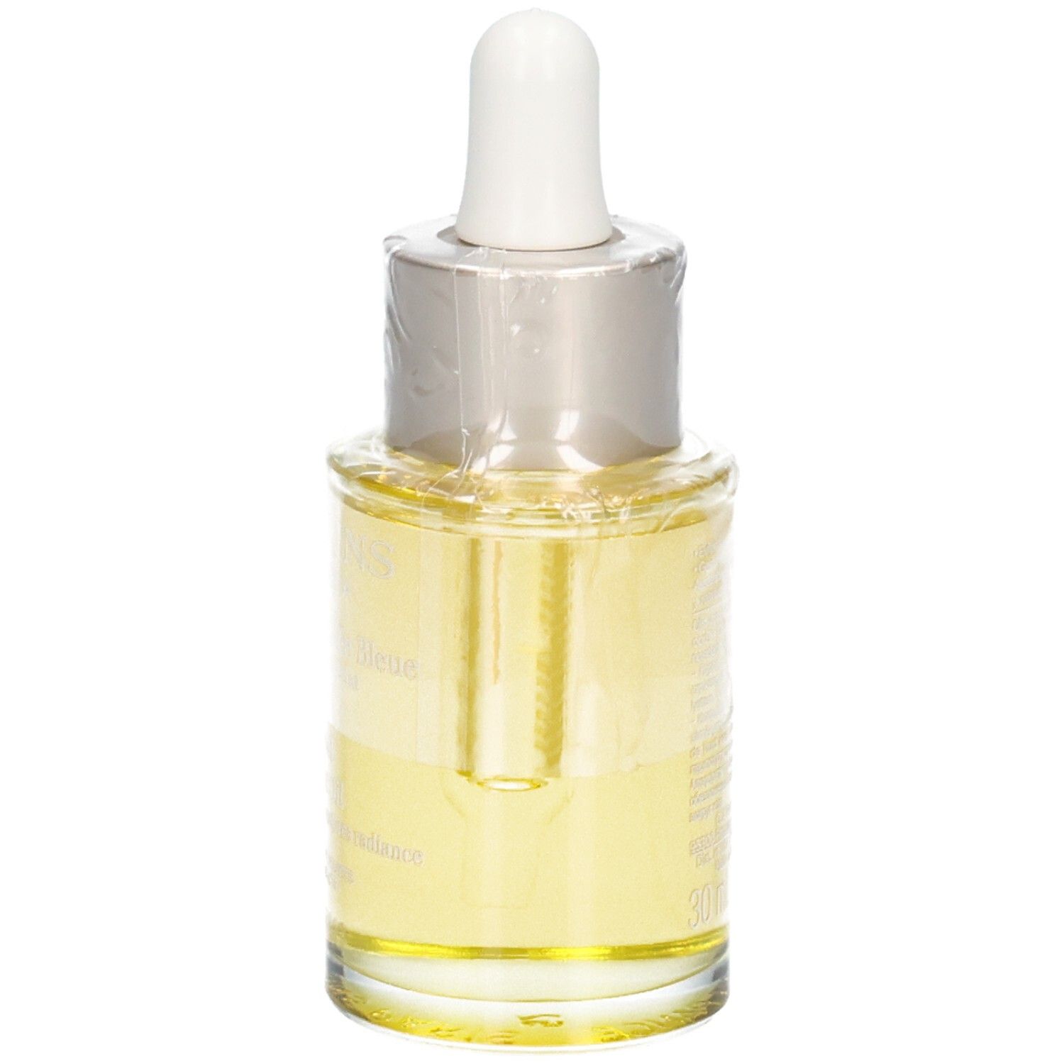 Huile Visage Orchidée Bleue Clarins, flacon en verre avec pipette, légèrement incliné.