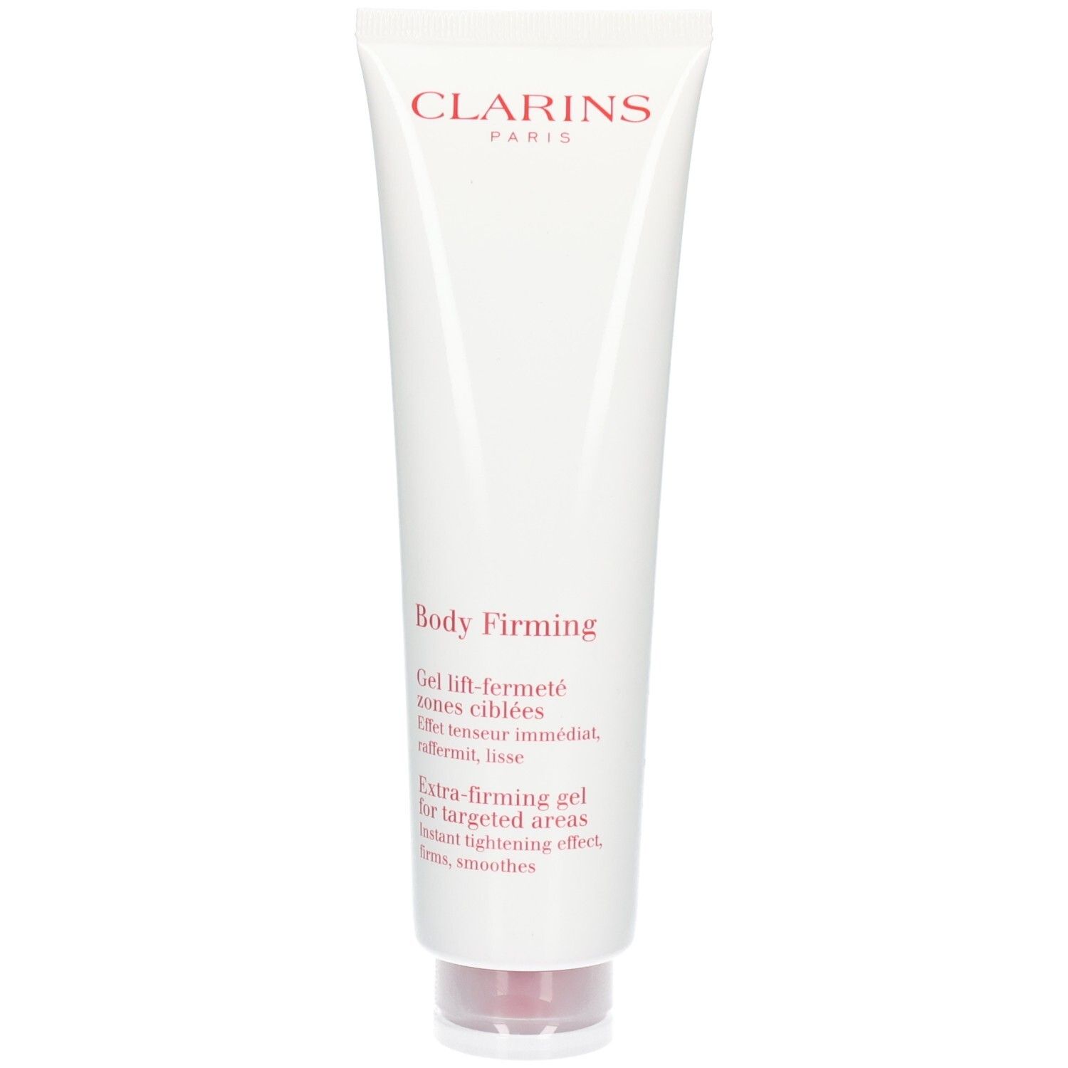 Clarins Body Firming Gel Tube. Witte tube met rood logo en tekst. Klapdeksel.