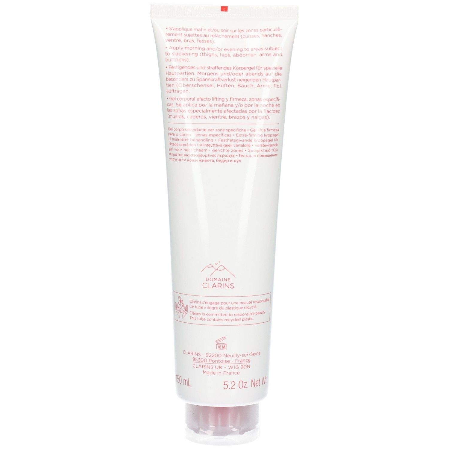 Achterkant Clarins Body Firming Gel Tube. Witte tube met gedetailleerde tekst en logo.