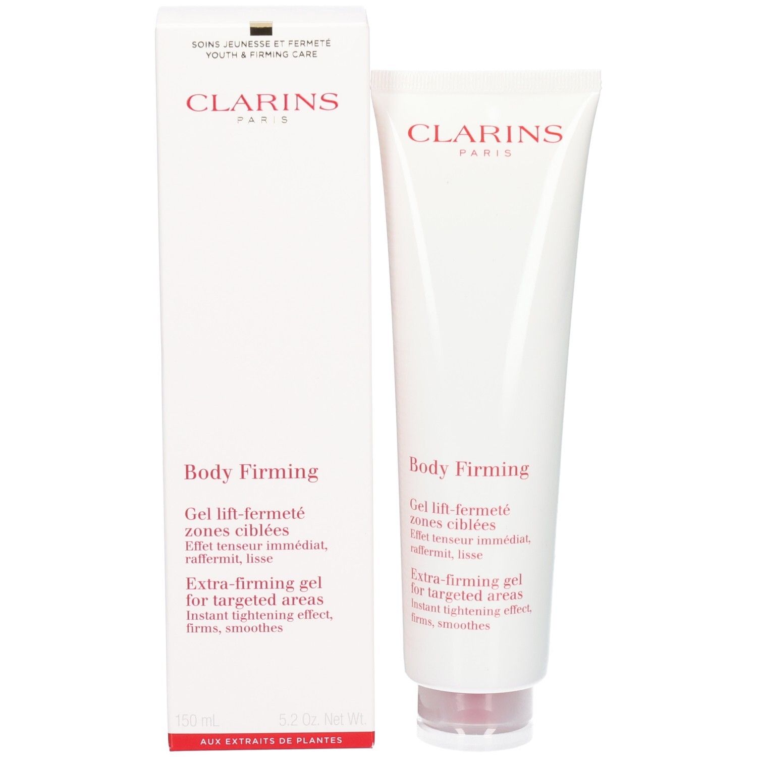 Clarins Body Firming Gel Tube en verpakking. Witte tube en kartonnen doos met rood logo.
