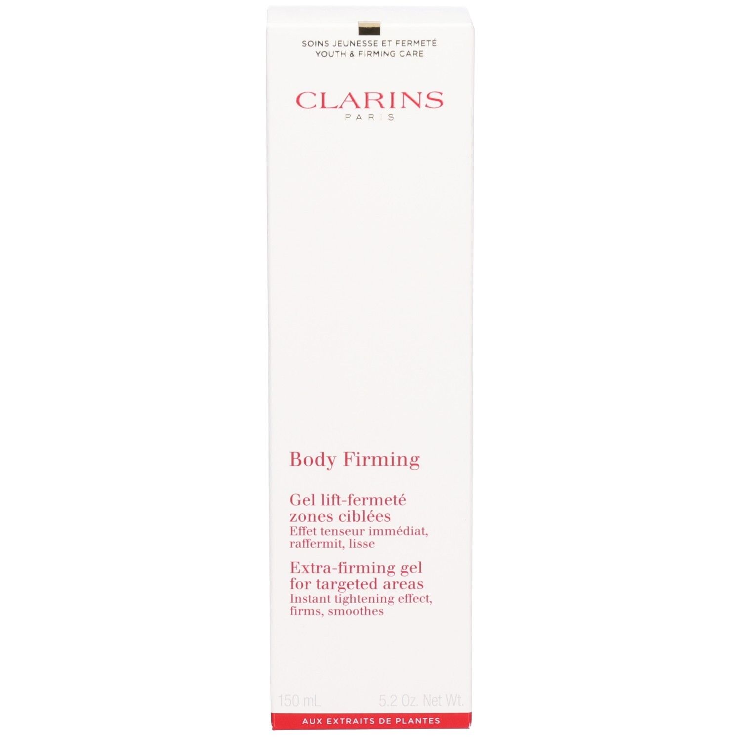 Clarins Body Firming Gel kartonnen verpakking. Witte doos met rood logo en productinformatie.