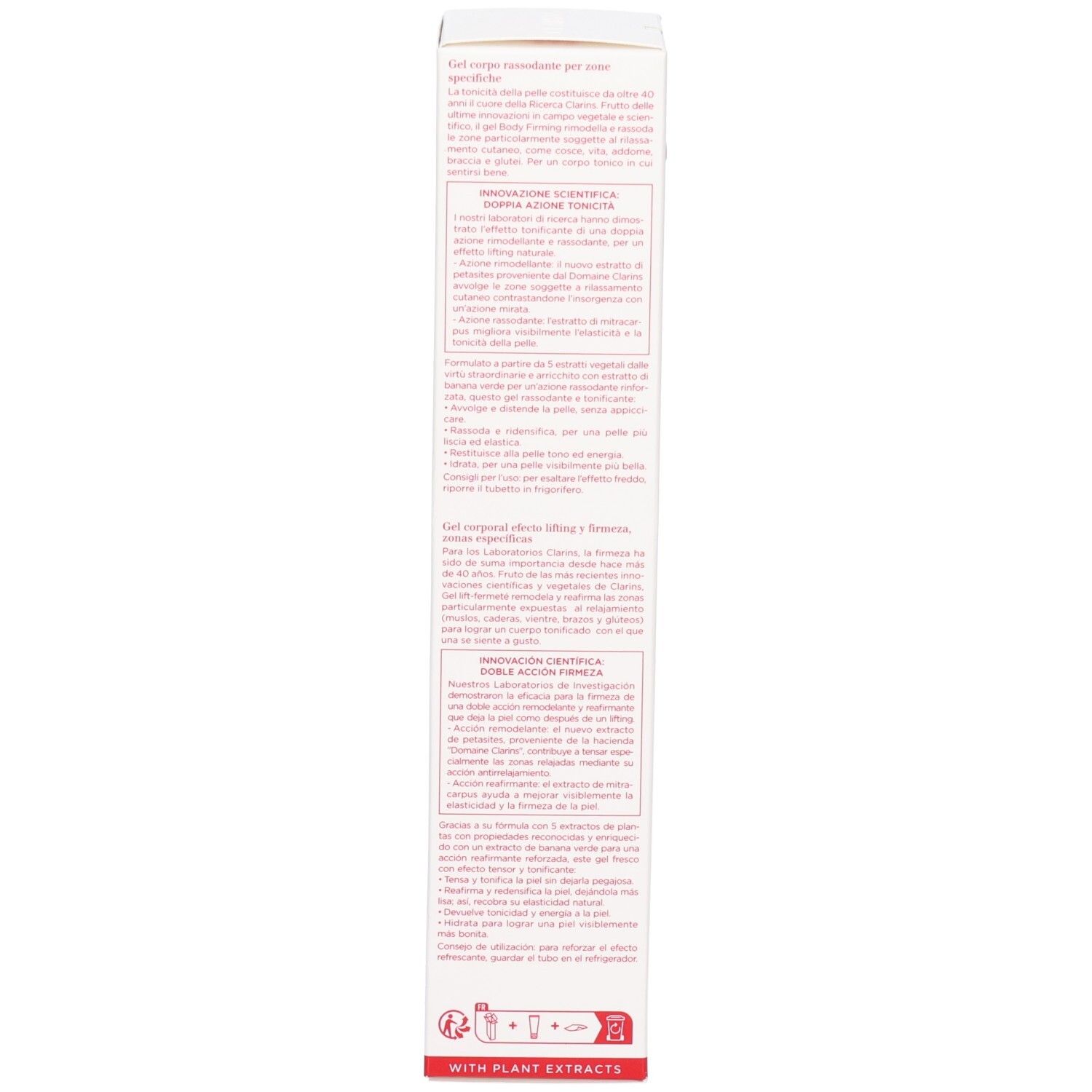 Zijkant van de Clarins Body Firming Gel verpakking. Witte doos met gedetailleerde tekst.