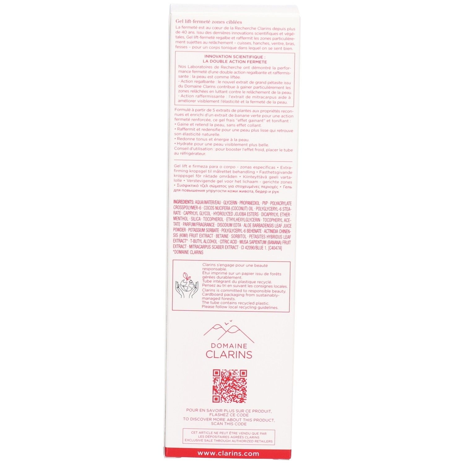 Zijkant van de Clarins Body Firming Gel verpakking. Witte doos met Italiaanse tekst en symbolen.