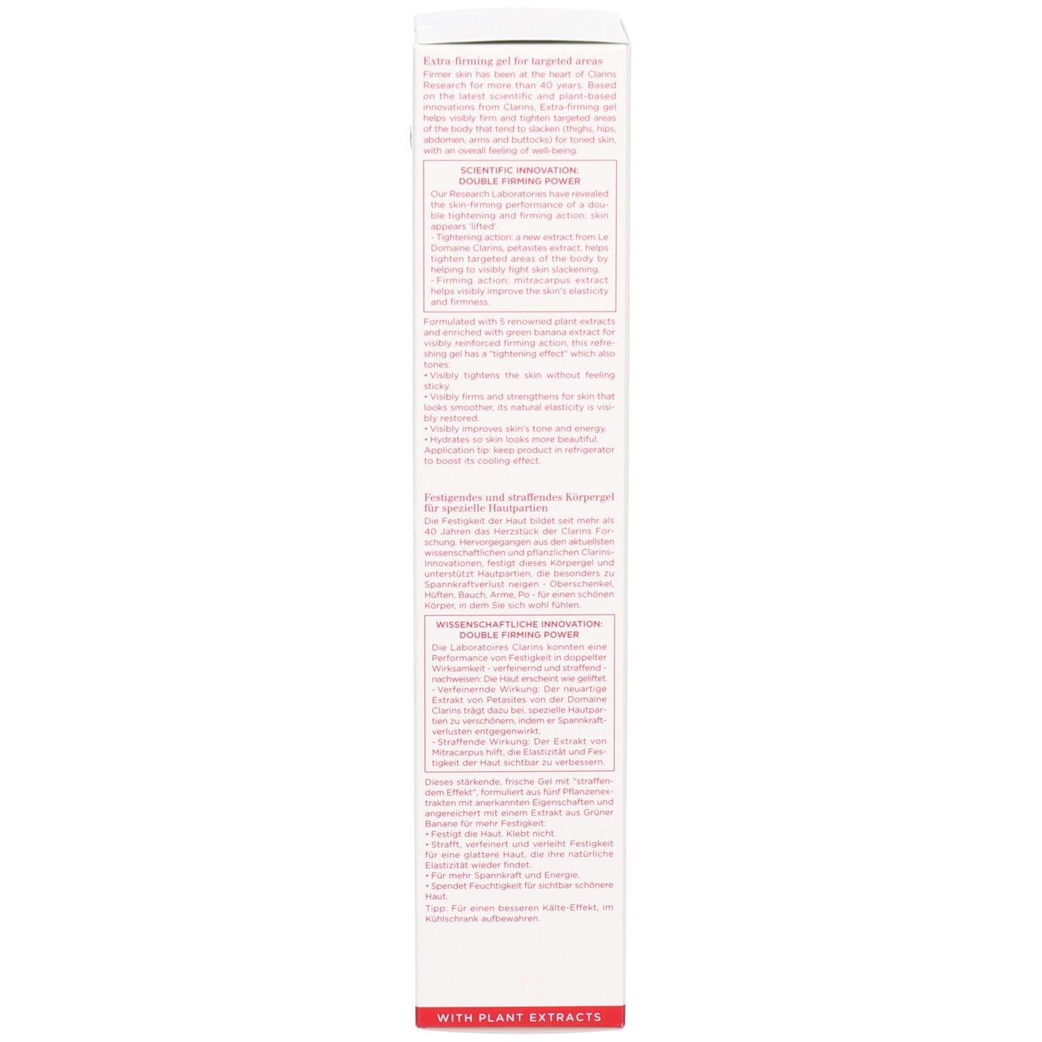 Zijkant van de Clarins Body Firming Gel verpakking. Witte doos met Engelse en Duitse tekst.