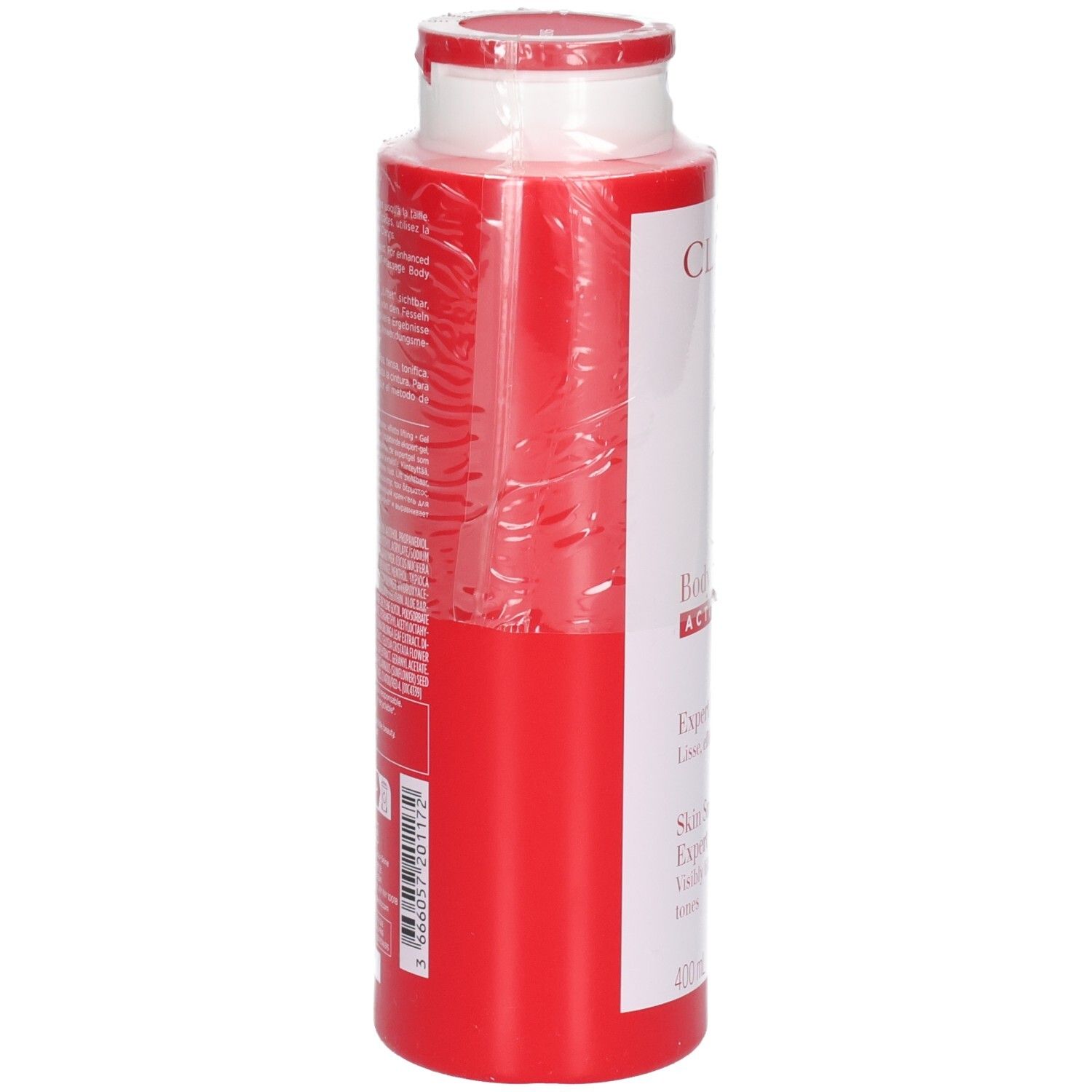 Bouteille Clarins Body Fit Active, vue latérale avec étiquette rouge.