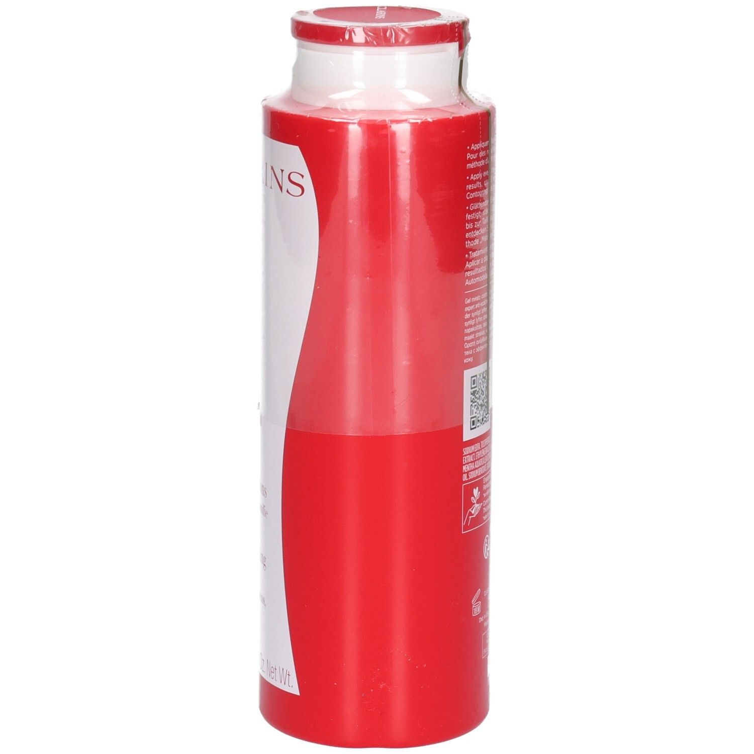 Bouteille Clarins Body Fit Active, vue latérale avec étiquette rouge.