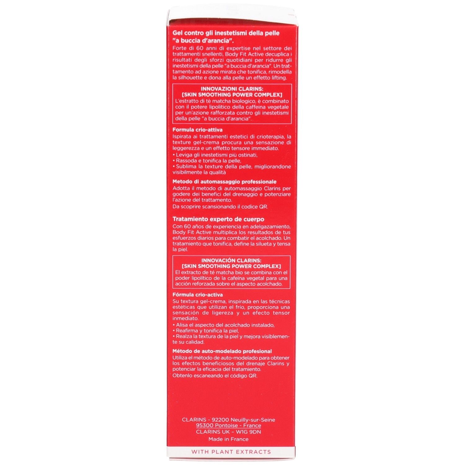 Côté de l'emballage Clarins Body Fit Active avec textes italiens et français.