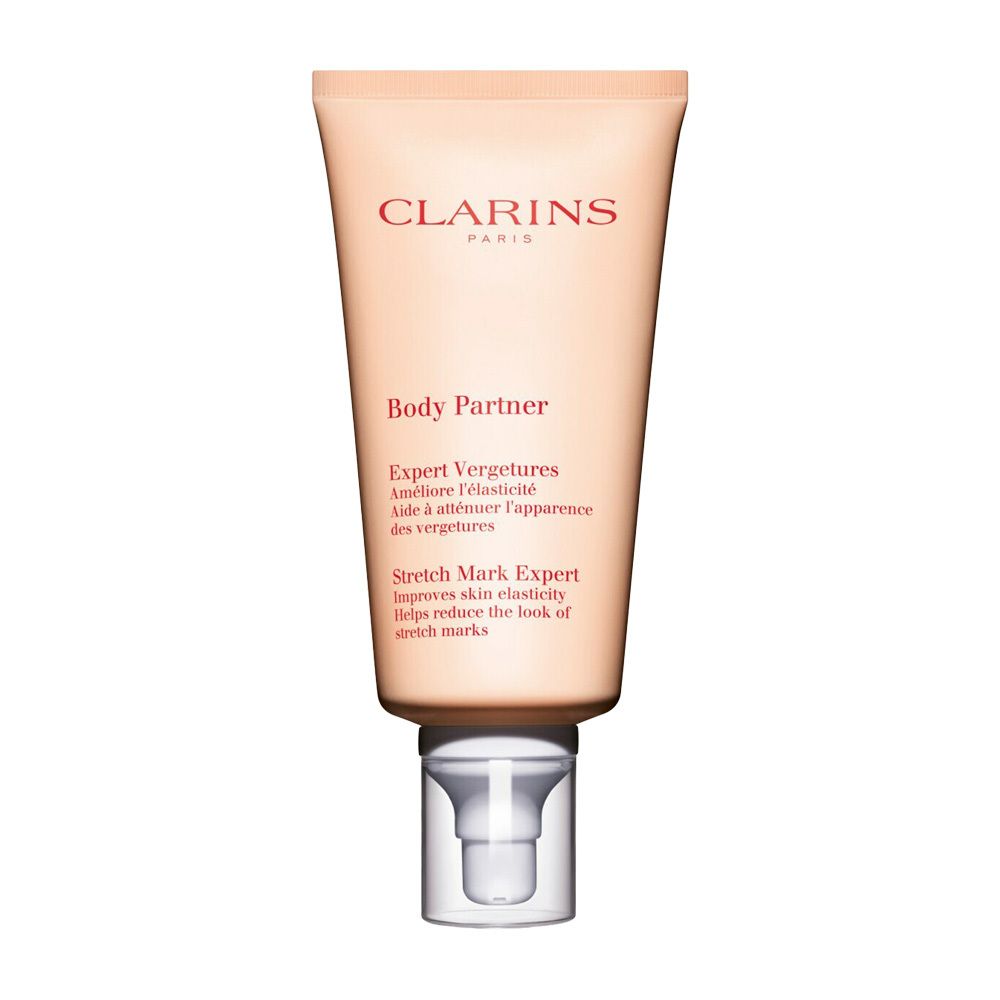 Tube Clarins Body Partner avec pompe, rose pâle.