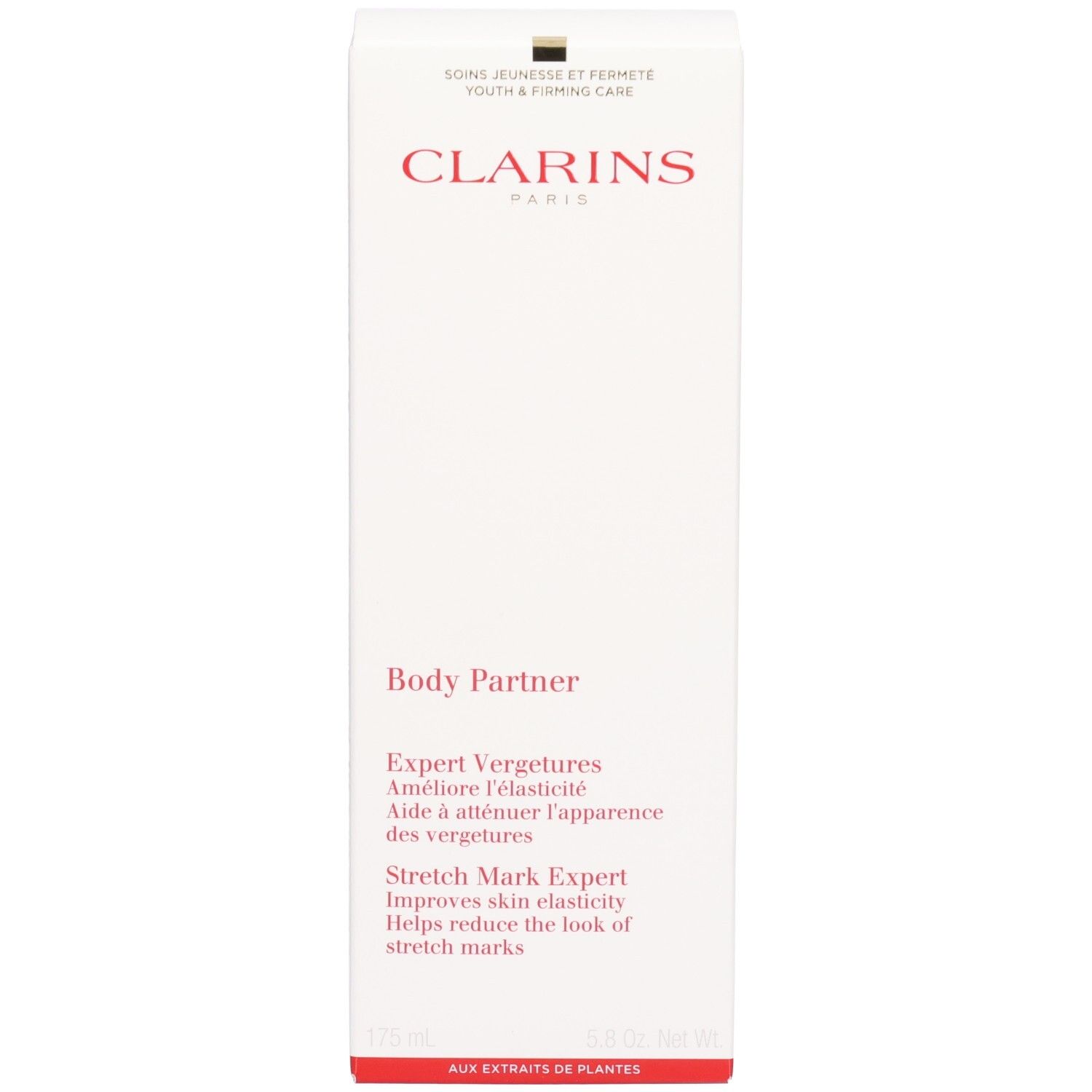 Emballage Clarins Body Partner, blanc avec texte rose.