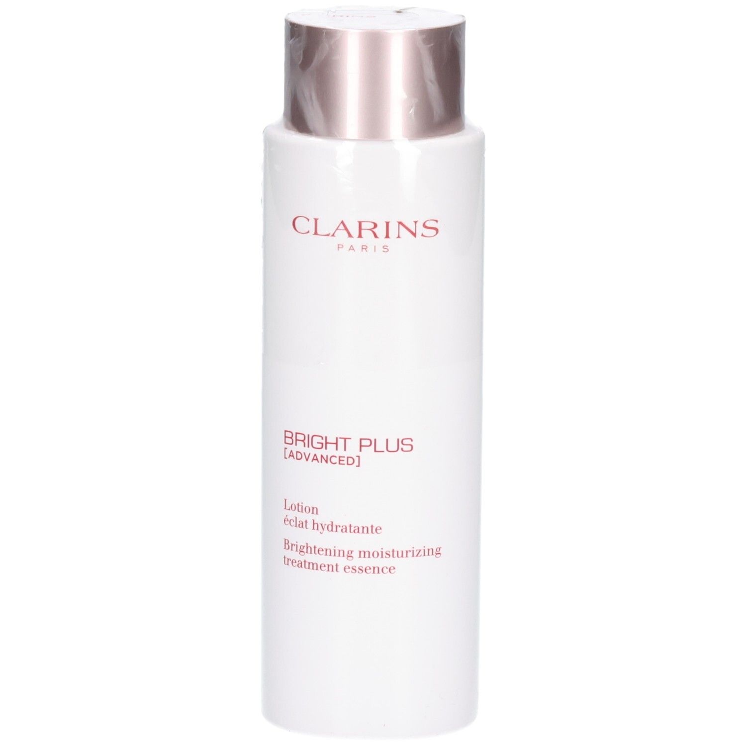 Clarins Bright Plus Lotion: Witte fles met roségouden dop. Bevat een verhelderende hydraterende lotion essence.