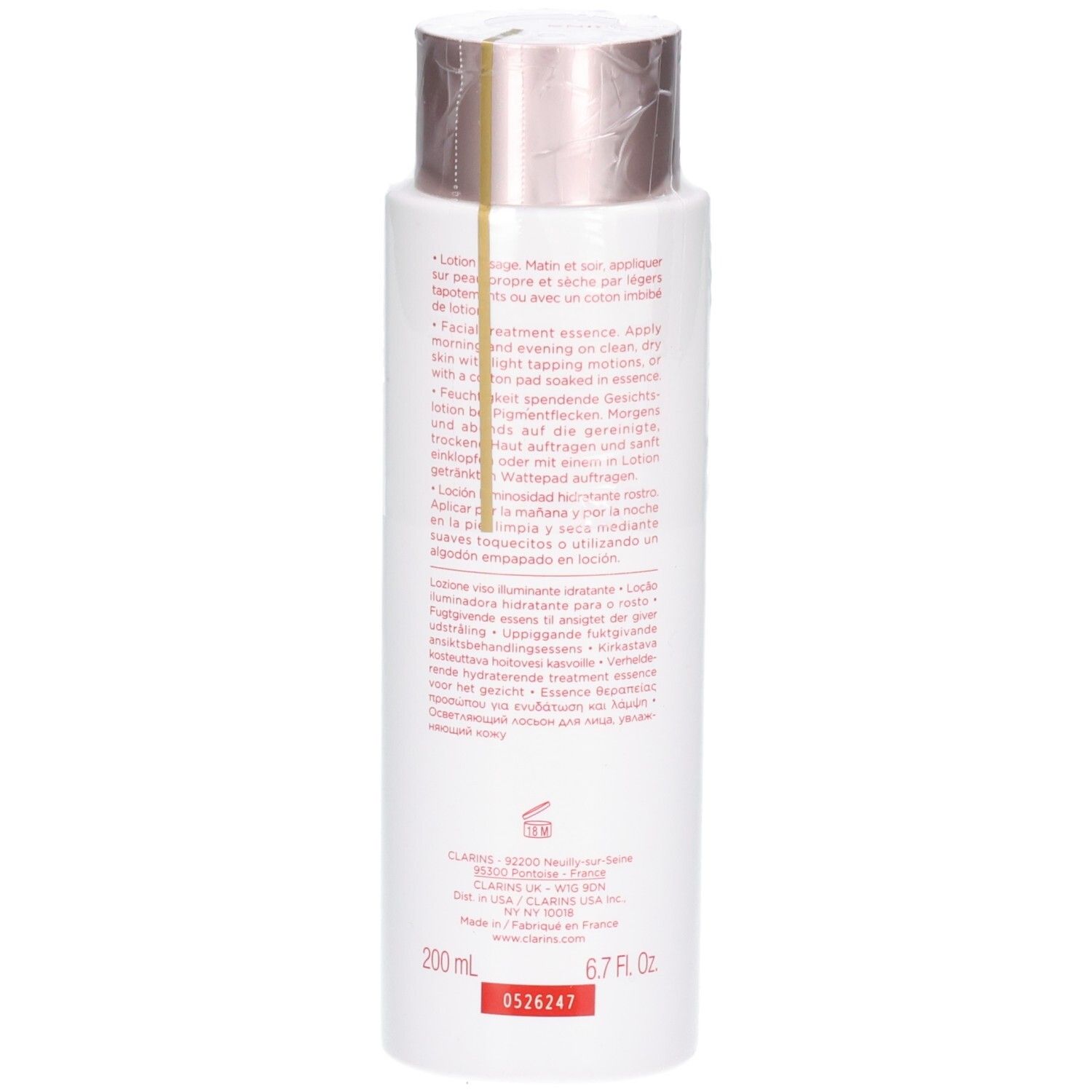 Clarins Bright Plus Lotion: Achterkant van de fles met volume (200 ml / 6.7 Fl. Oz.) en productcode.