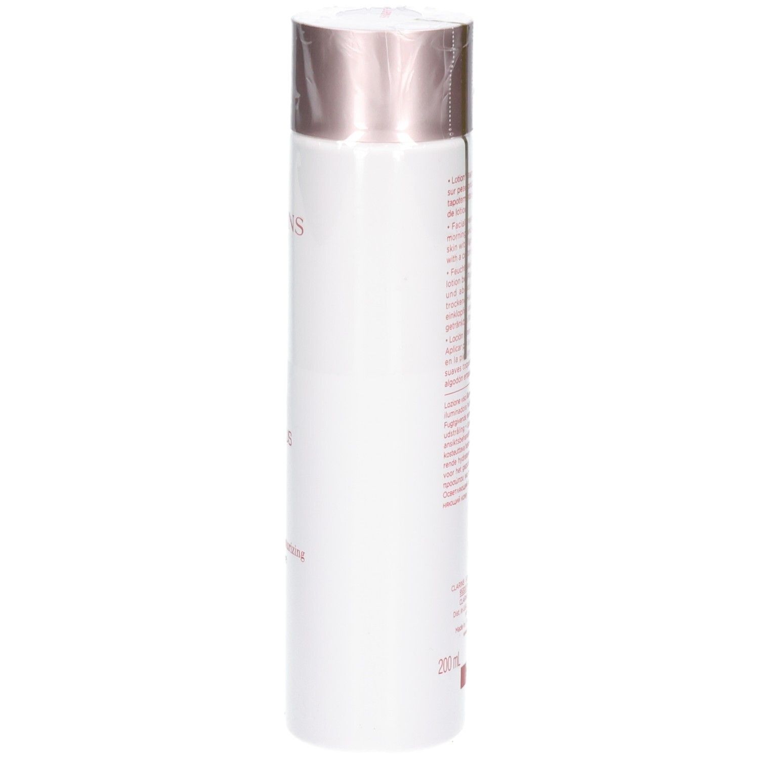 Clarins Bright Plus Lotion: Zijaanzicht van de witte fles met roségouden dop en productetiket.