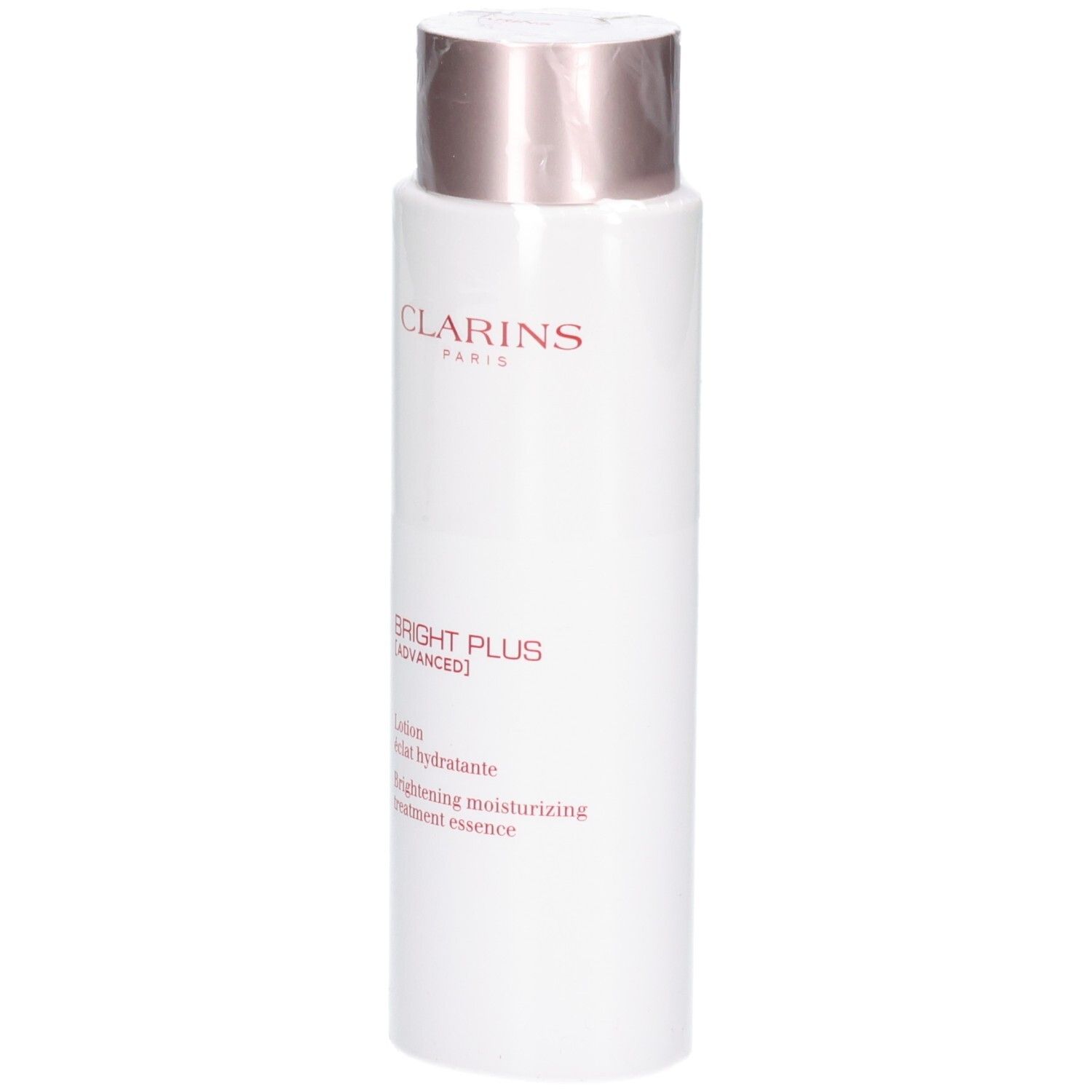 Clarins Bright Plus Lotion: Witte fles met roségouden dop. Bevat een verhelderende hydraterende lotion essence.