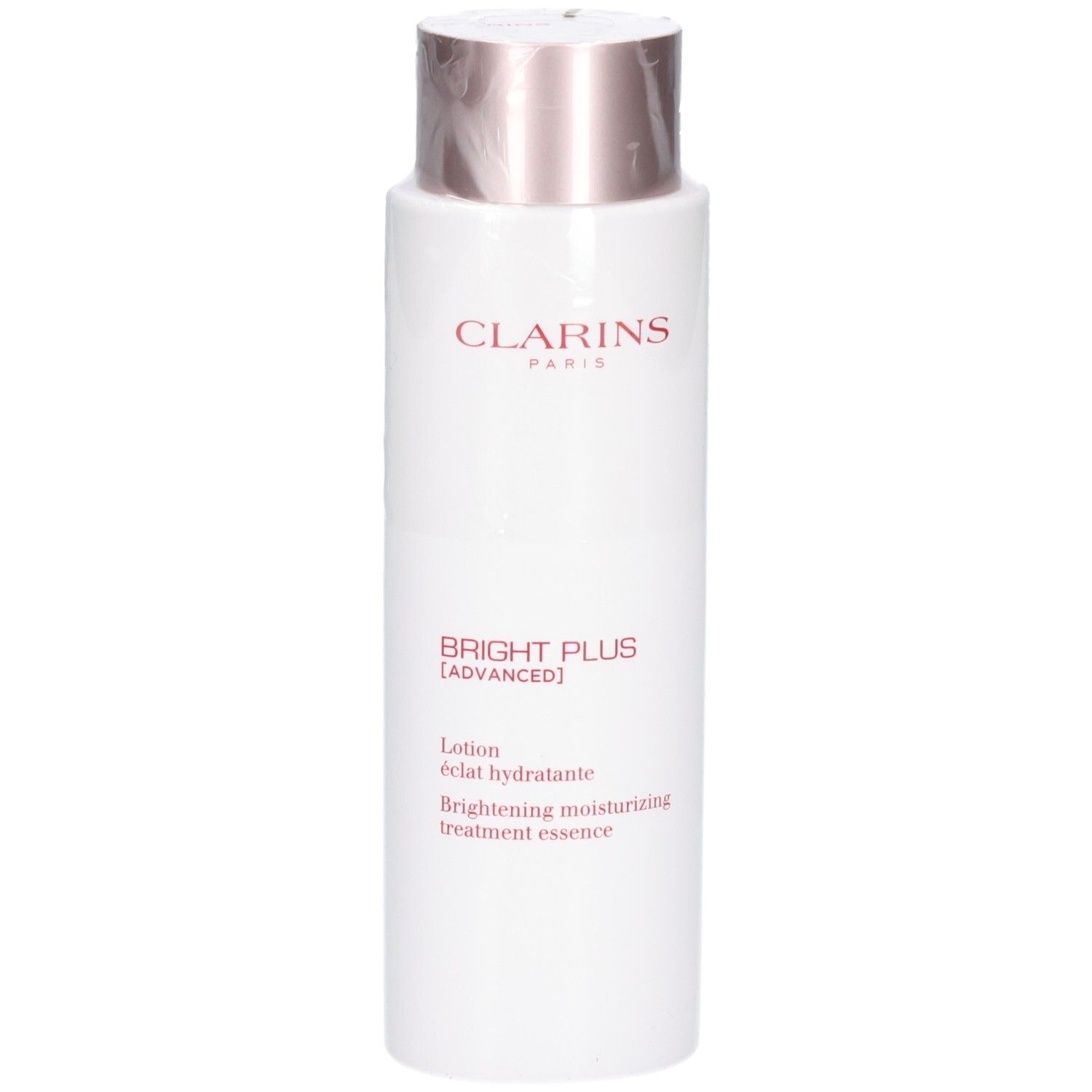 Clarins Bright Plus Lotion: Witte fles met roségouden dop. Bevat een verhelderende hydraterende lotion essence.