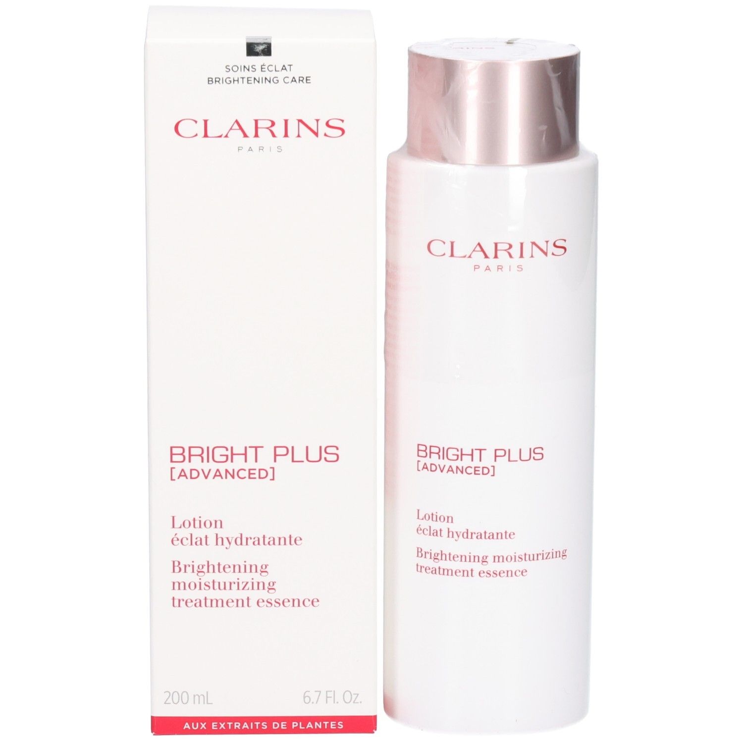 Clarins Bright Plus Lotion en verpakking: Witte fles en doos met productinformatie en merknaam.