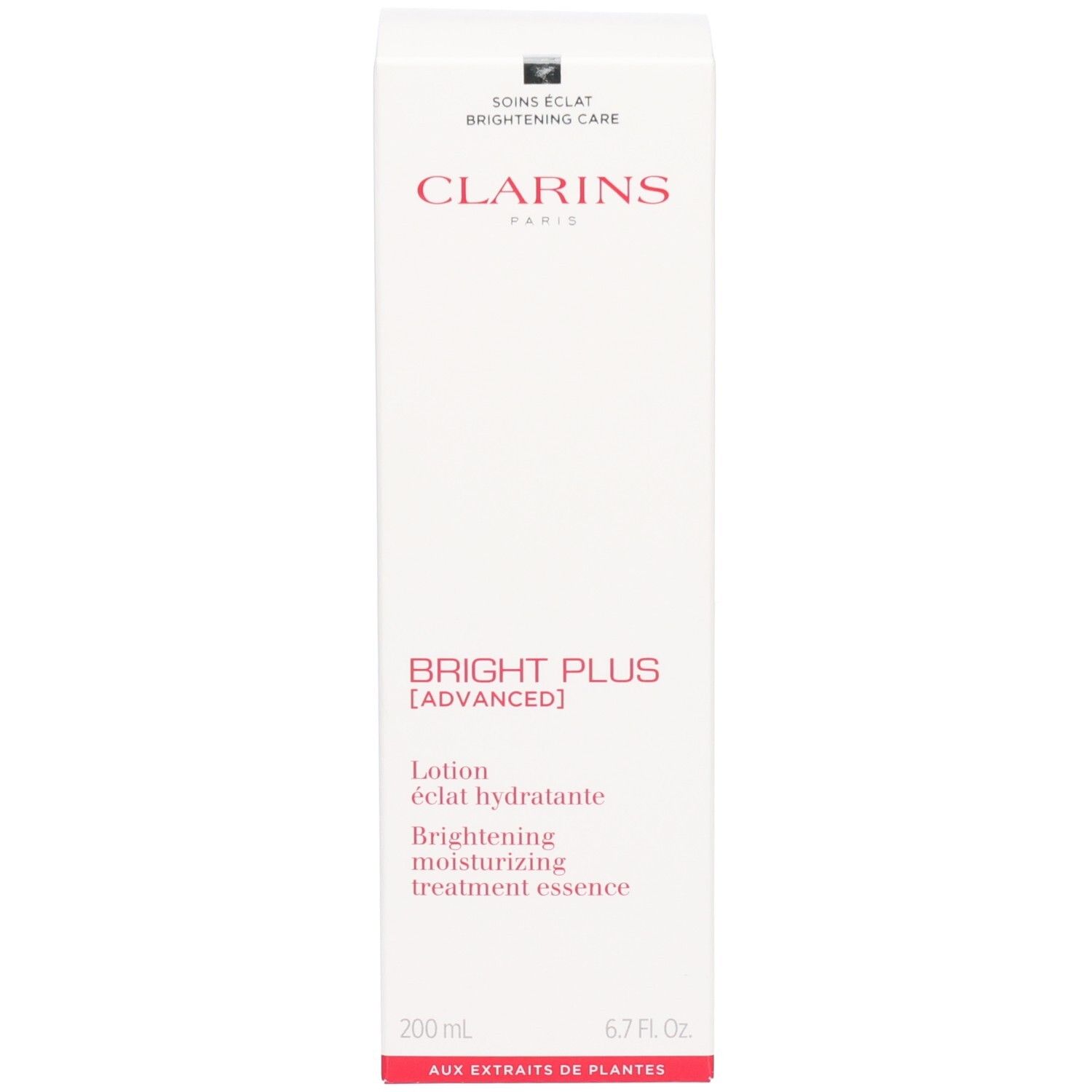 Clarins Bright Plus Lotion verpakking: Witte kartonnen doos met productnaam en merkdetails.