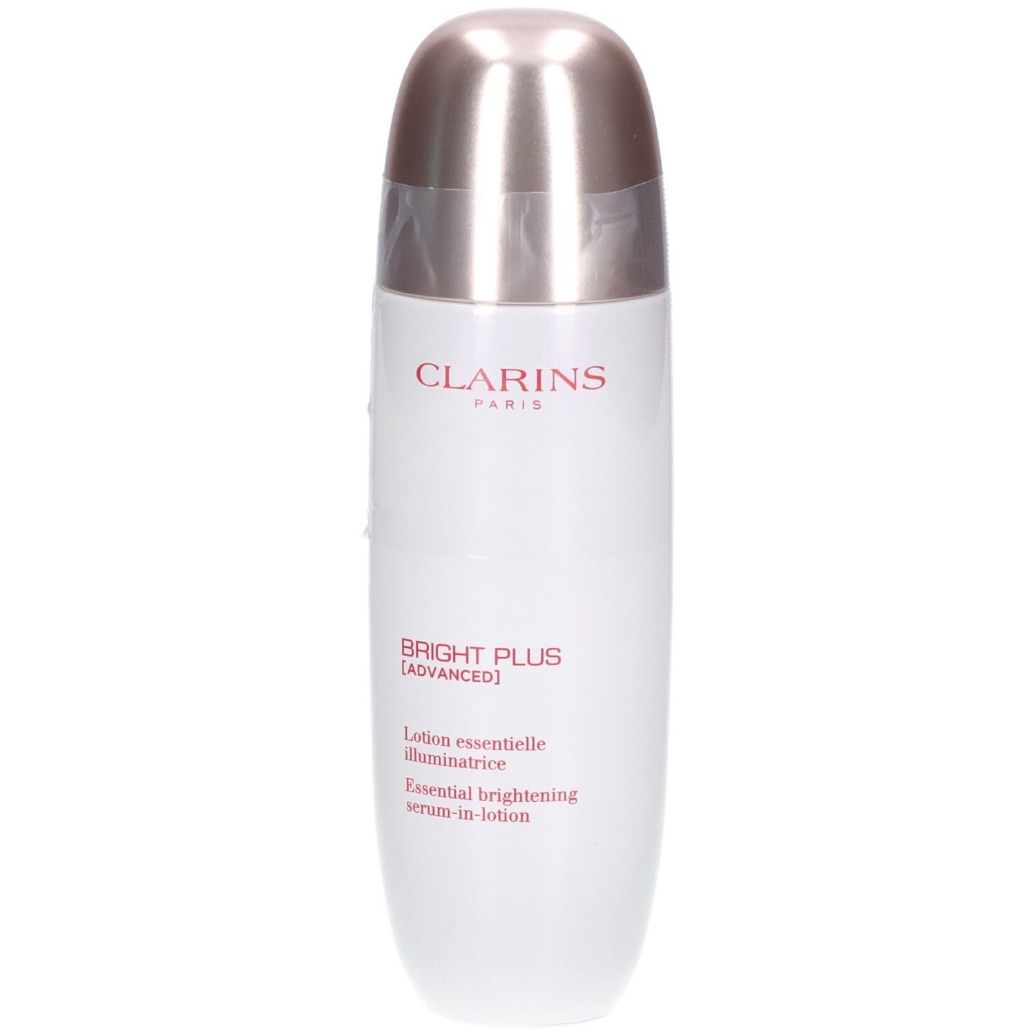 Clarins Bright Plus Serum-in-Lotion fles met zilveren dop. Tekst: CLARINS, BRIGHT PLUS [ADVANCED].