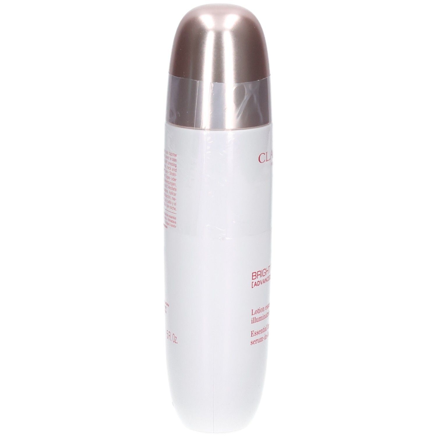 Clarins Bright Plus Serum-in-Lotion fles, zijaanzicht. Tekst: CLARINS, BRIGHT PLUS [ADVANCED].