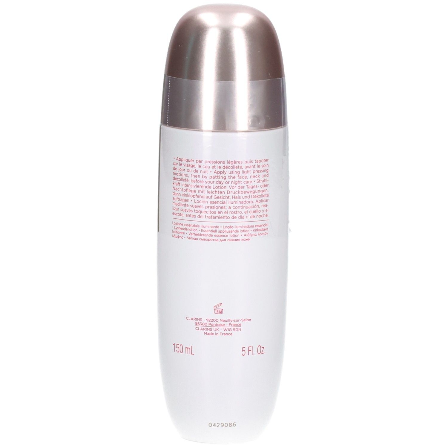 Achterkant van de Clarins Bright Plus Serum-in-Lotion fles. Bevat instructies en 150ml / 5 Fl. Oz.