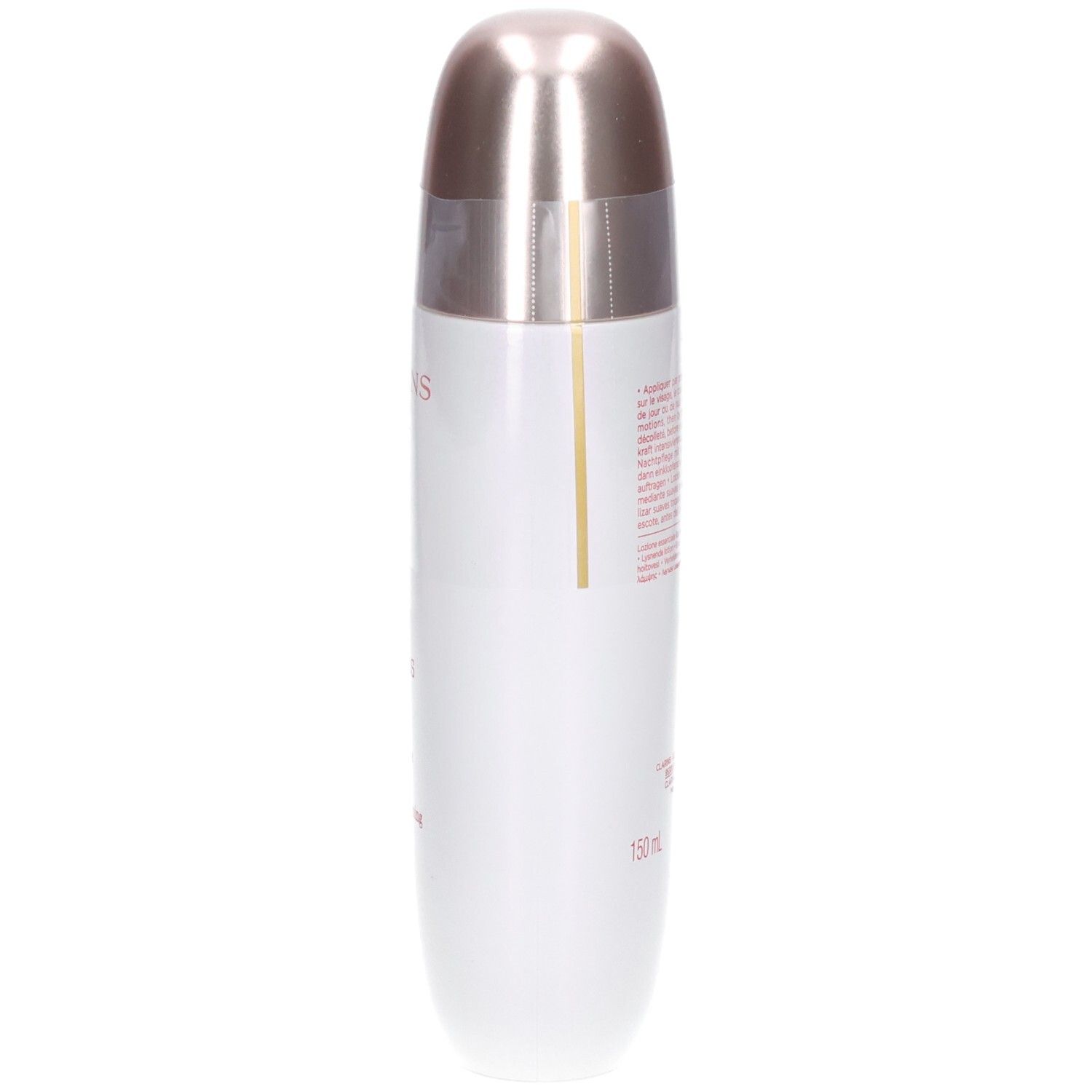 Clarins Bright Plus Serum-in-Lotion fles, schuine zijaanzicht. Tekst: CLARINS, BRIGHT PLUS [ADVANCED].