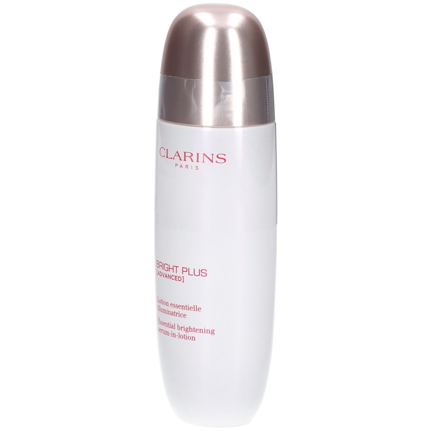 Clarins Bright Plus Serum-in-Lotion fles met zilveren dop. Tekst: CLARINS, BRIGHT PLUS [ADVANCED].