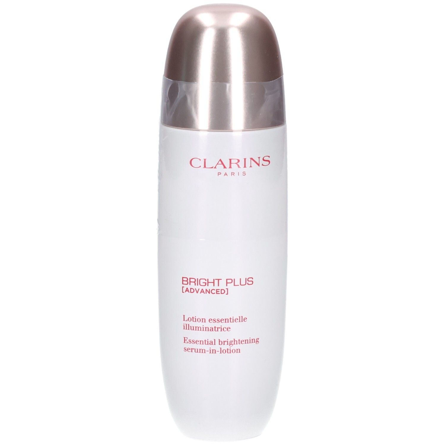 Clarins Bright Plus Serum-in-Lotion fles met zilveren dop. Tekst: CLARINS, BRIGHT PLUS [ADVANCED].