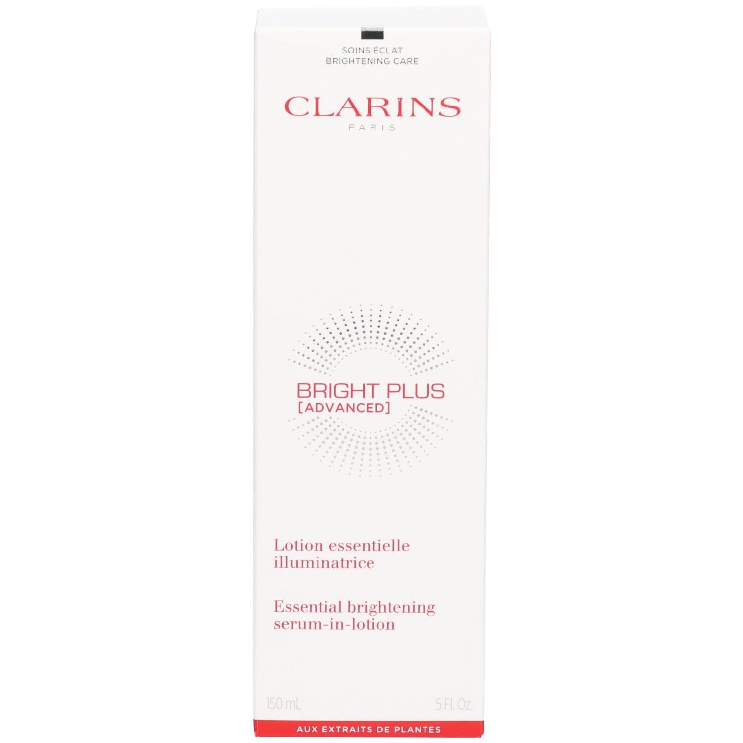 Verpakking Clarins Bright Plus Serum-in-Lotion. Tekst: CLARINS, BRIGHT PLUS [ADVANCED], Lotion essentielle illuminatrice.