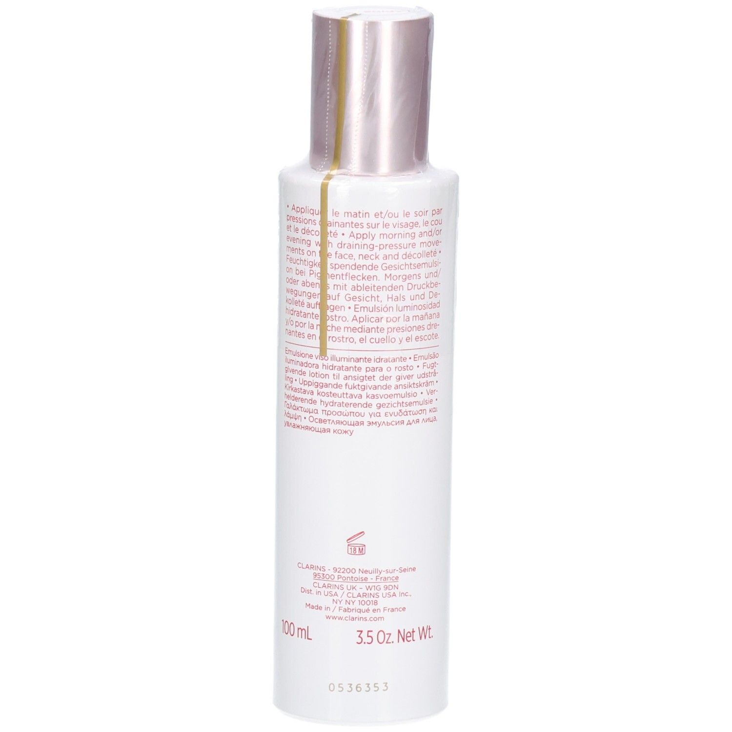 Bouteille Clarins Bright Plus Emulsion Lactee avec instructions d'application et informations produit au dos.
