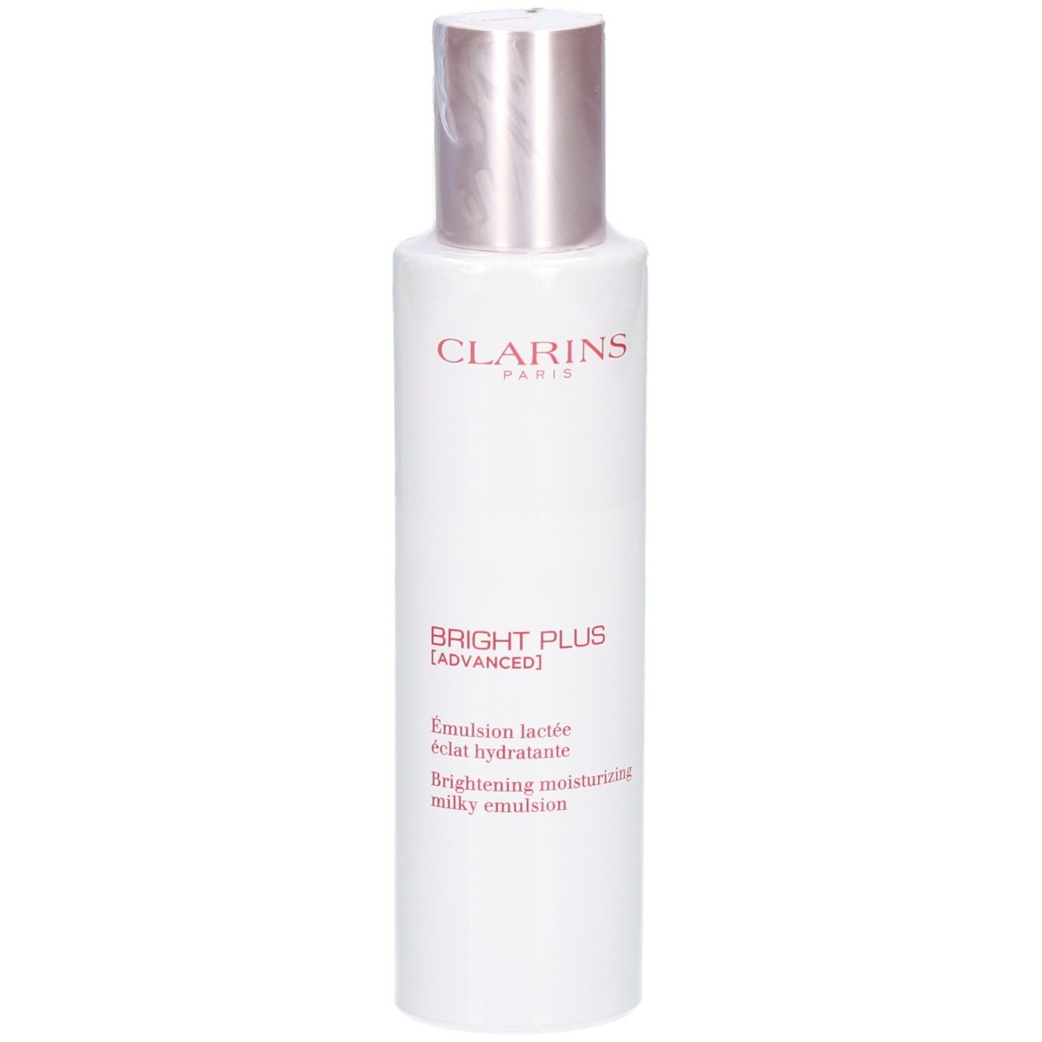 Bouteille Clarins Bright Plus Emulsion Lactee avec bouchon argenté et lettrage rouge, vue de face.