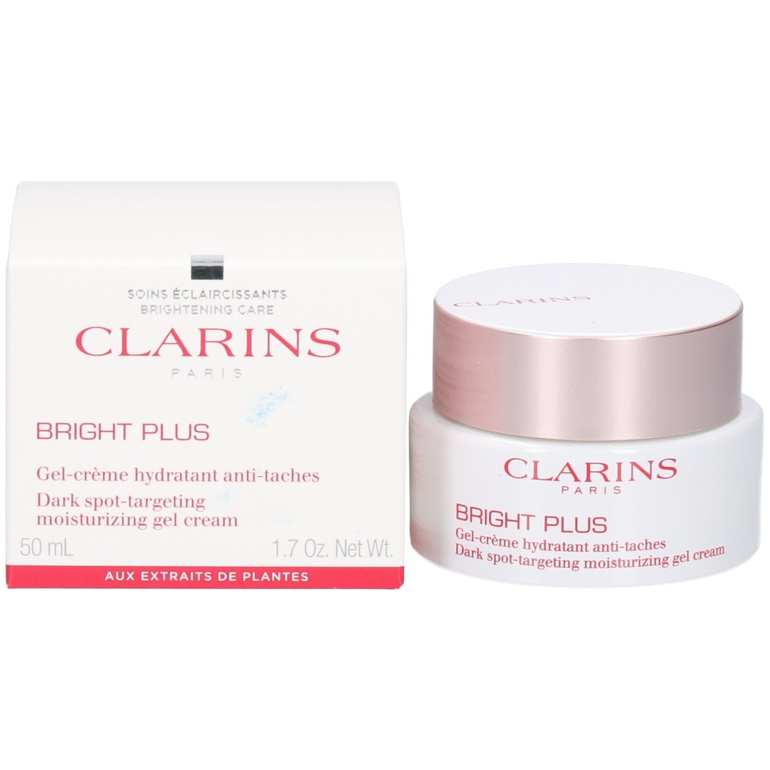 Clarins Bright Plus hydraterende gel-crème tegen vlekken, met doos.