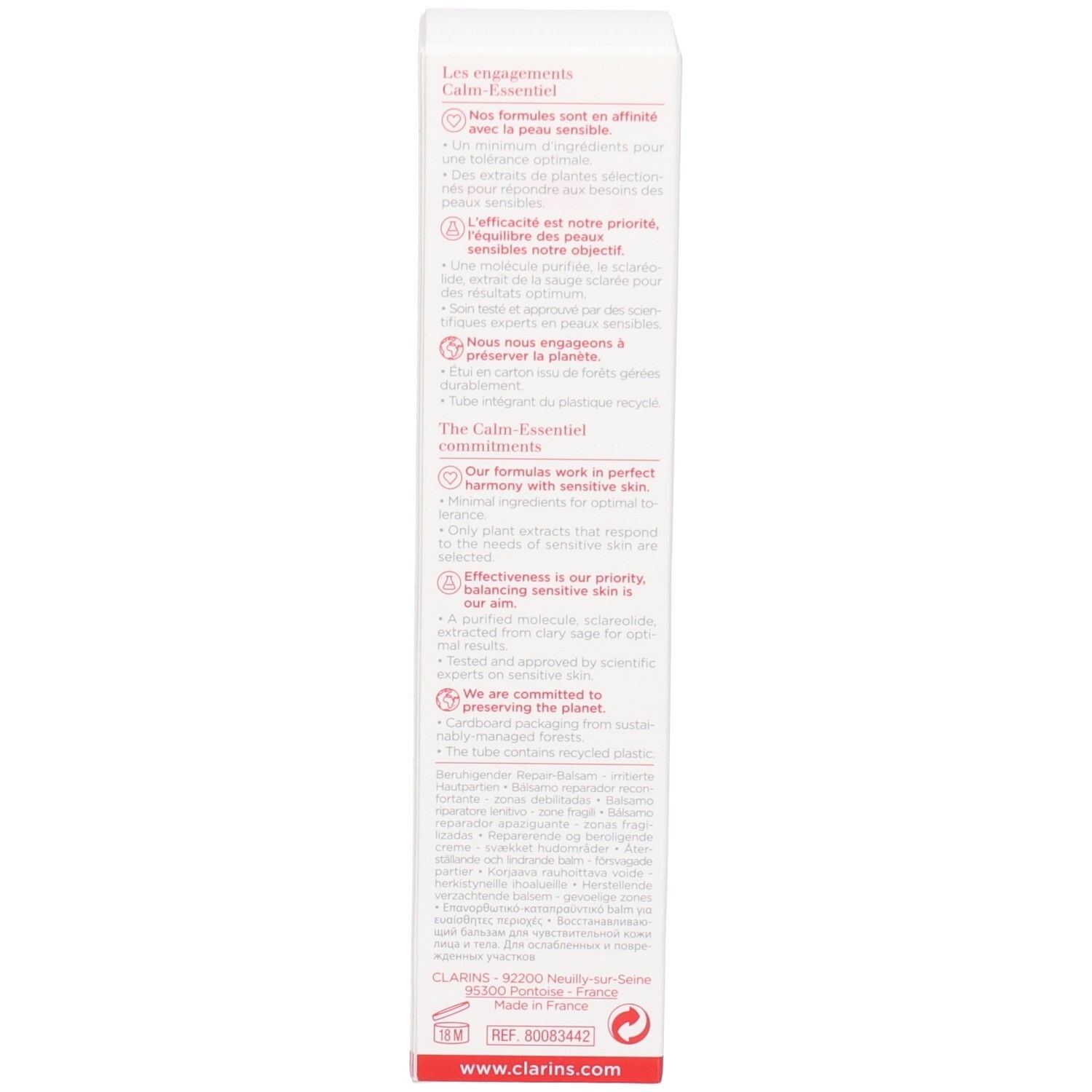 Clarins Calm Essentiel : Informations produit et ingrédients au dos du packaging.