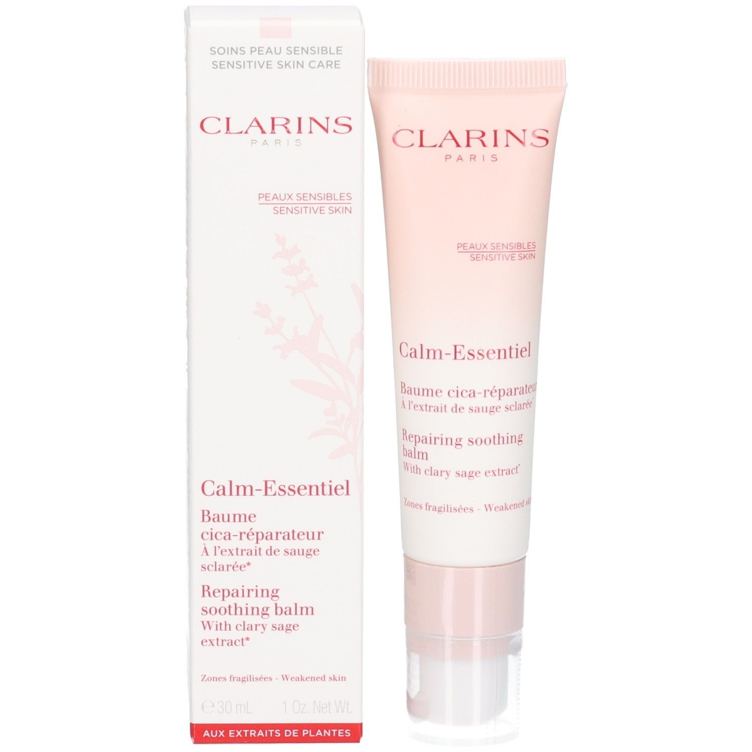 Clarins Calm Essentiel : Baume en tube et son emballage, pour peaux sensibles.