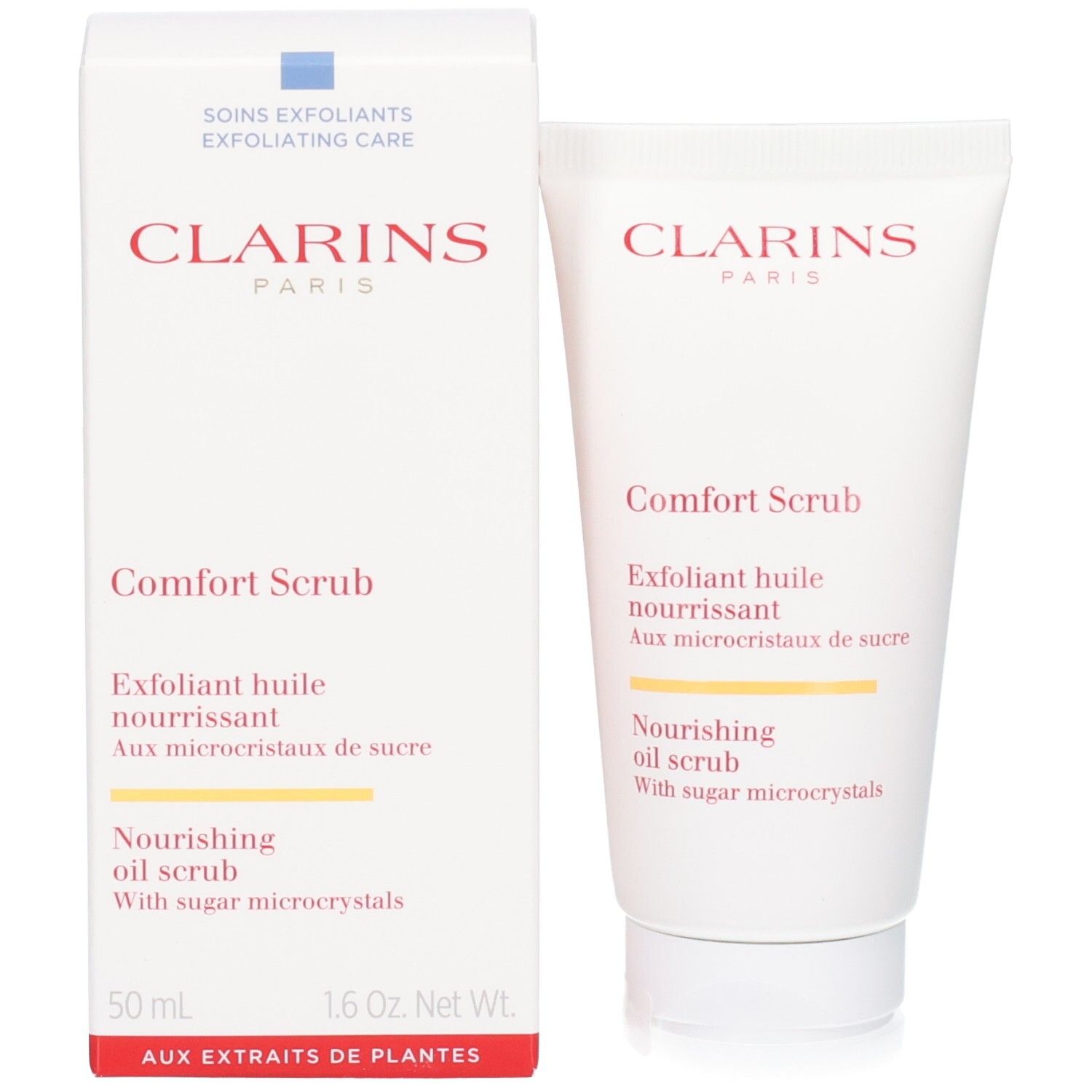 Tube et boîte Clarins Comfort Scrub. Exfoliant huile nourrissant aux microcristaux de sucre.