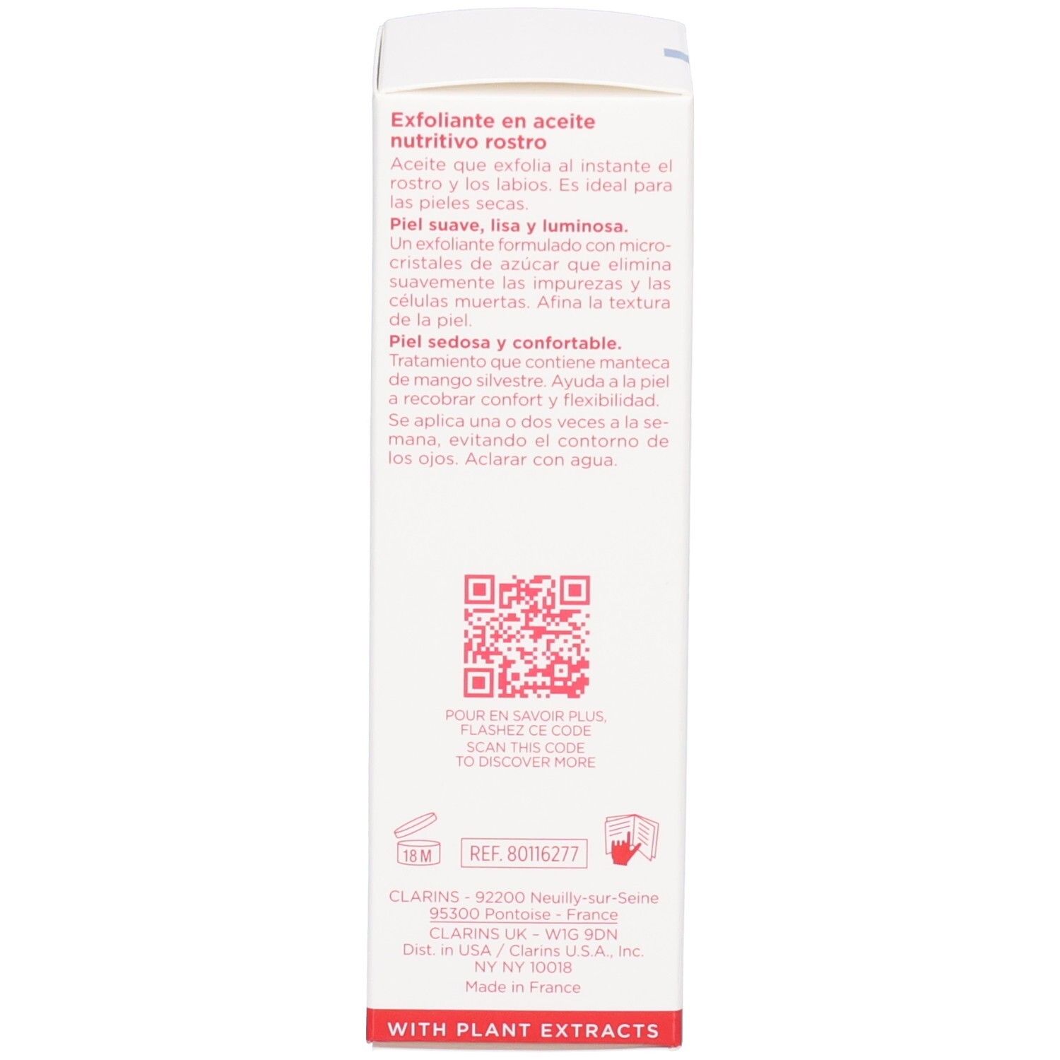 Côté de la boîte Clarins Comfort Scrub avec description produit en espagnol et QR code.