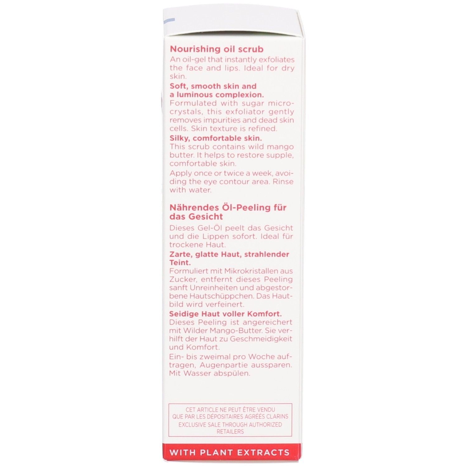 Côté de la boîte Clarins Comfort Scrub avec description produit en anglais et allemand.